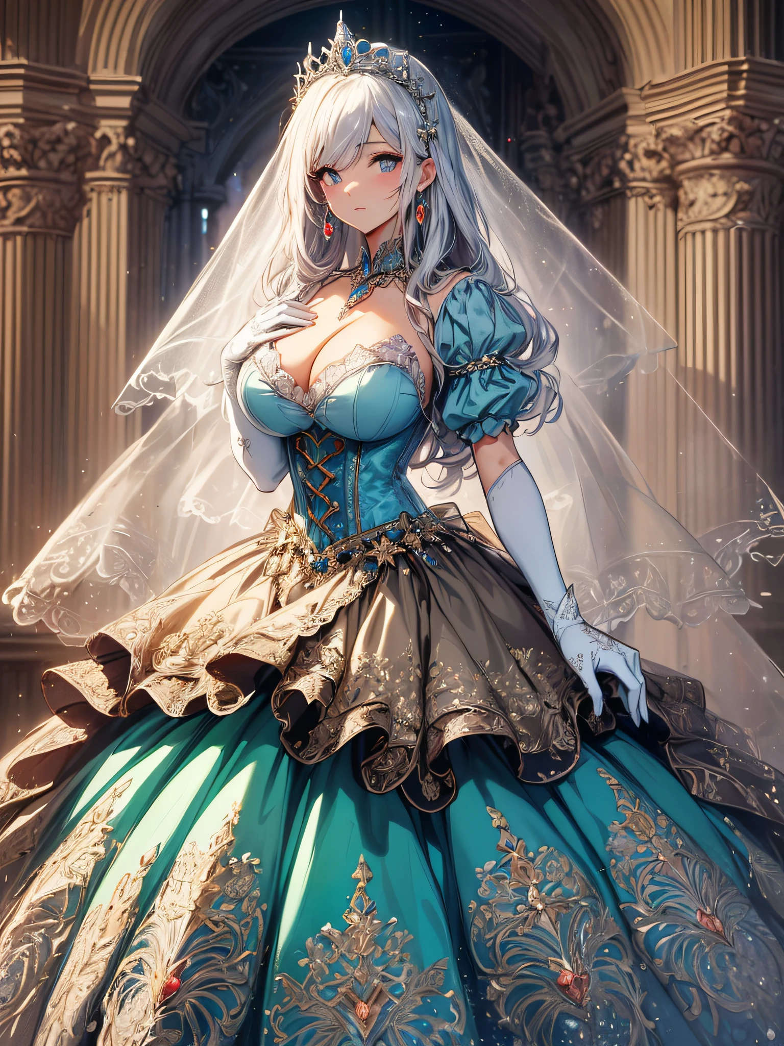 ((anime artstyle)),(Masterpiece),(Best Quality), (Super Detail),((Very Delicate and Beautiful)),cinematic lighting,1 girl,((full body portrait)),((standing in garden)),((solo)),(((1 fairytale princess in gorgeous embroidery and jeweled extremely gorgeous cinderella ballgown with voluminous full length hoop skirt))),an hourglass waist,padded and corseted bodice,(((huge crinoline hoopskirt))),long train,((gorgeous embroidery and jeweled)),voluminous frills,See-through,(gorgeous embroidery and beautiful lace),(((extremely gigantic tits,skindentation))),cleavage,((large amount of straight hair,extremely voluminous Straight long Hair,Very Long Straight Hair)),(finely detailed face and eyes),clear pupil,extremely gorgeousfull hair ornament,(bling-bling jeweled extremely gorgeousfull tiara),(bling-bling gorgeous gemstone jewelry),gorgeous long veil,((very long gloves)),(beautiful background),(full body),((gorgeous embroidery and jeweled extremely gorgeous cinderella ballgown with voluminous full length hoop skirt))
