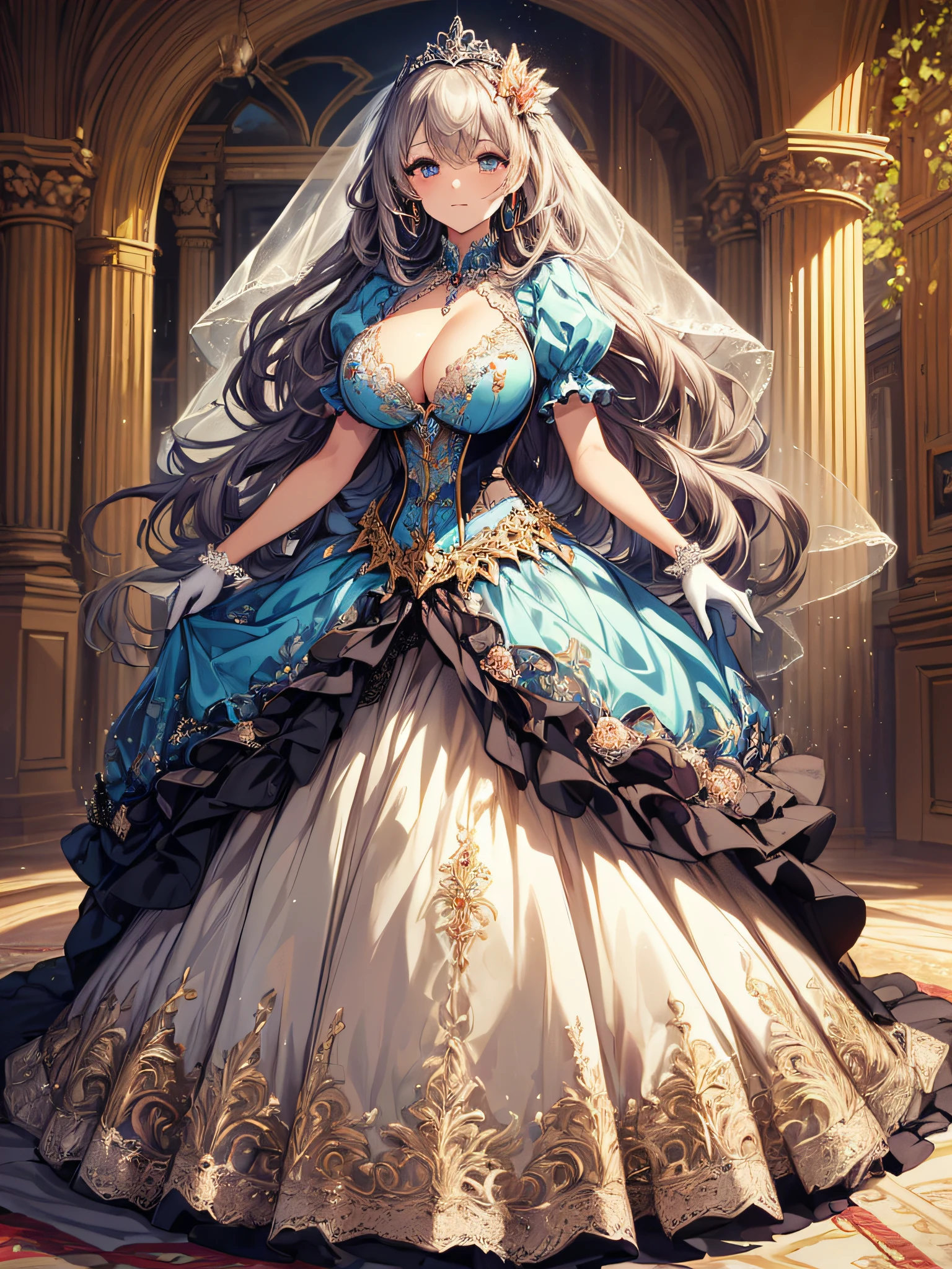 ((anime artstyle)),(Masterpiece),(Best Quality), (Super Detail),((Very Delicate and Beautiful)),cinematic lighting,1 girl,((full body portrait)),((standing in garden)),((solo)),(((1 fairytale princess in gorgeous embroidery and jeweled extremely gorgeous cinderella ballgown with voluminous full length hoop skirt))),an hourglass waist,padded and corseted bodice,(((huge crinoline hoopskirt))),long train,((gorgeous embroidery and jeweled)),voluminous frills,See-through,(gorgeous embroidery and beautiful lace),(((extremely gigantic tits,skindentation))),cleavage,((large amount of straight hair,extremely voluminous Straight long Hair,Very Long Straight Hair)),(finely detailed face and eyes),clear pupil,extremely gorgeousfull hair ornament,(bling-bling jeweled extremely gorgeousfull tiara),(bling-bling gorgeous gemstone jewelry),gorgeous long veil,((very long gloves)),(beautiful background),(full body),((gorgeous embroidery and jeweled extremely gorgeous cinderella ballgown with voluminous full length hoop skirt))
