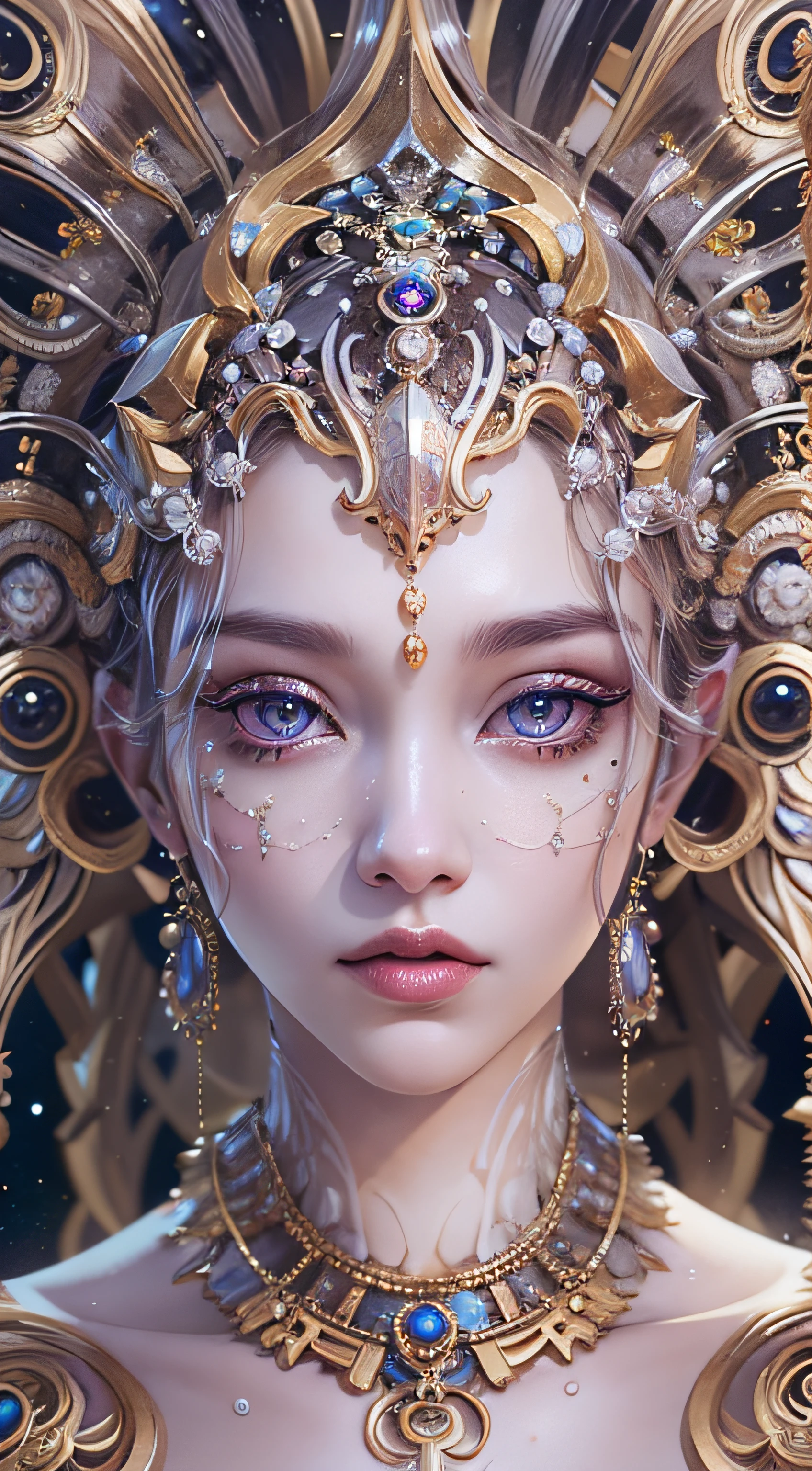 Full body like,(best qualtiy,ultra - detailed,Most Best Illustration,Best shadow,tmasterpiece,A high resolution,professionalartwork,famousartwork),Detailed eyes,beautidful eyes,closeup cleavage,sci-fy,colored sclera,Robot eyes,face markings,Tattooed with,(fractalized,Fractal eyes),largeeyes,Wide eyes,(Eye focus),sface focus,Cosmic eyes,Space eyes,Close-up of metal sculpture of a woman with a moon in her hair,goddes。extremly high detail,3 d goddess portrait,Extremely detailed footage of the goddess,a stunning portrait of a goddess,Side image of the goddess,portrait of a beautiful goddess,Full body close-up portrait of the goddess,hecate goddess,portrait of a norse moon goddess,goddess of space and time,(RAW photo:1.2),camel-toe,Hollow-out on,sweat leggs,White liquid, Smooth pink skin, shiny metallic glossy skin, Shiny, spread their legs M-shaped legs,angry look,sullenness,Irritated,white liquid all over body,Full body like