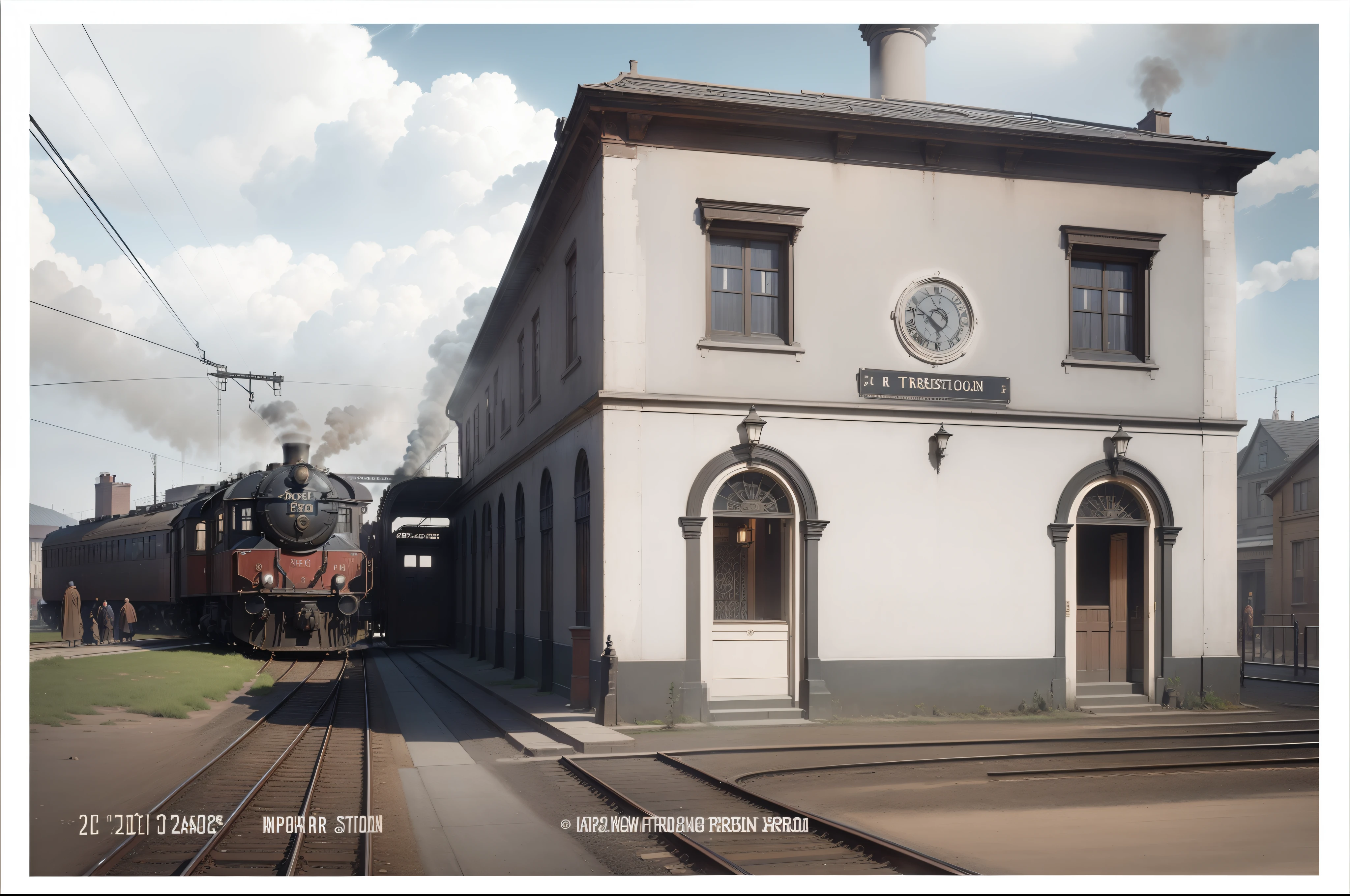 A very detailed color picture taken in the year 1900 of a train station on the right, (with rail tracks and a steam train waiting to leave on the left: 2), hyperrealistic
