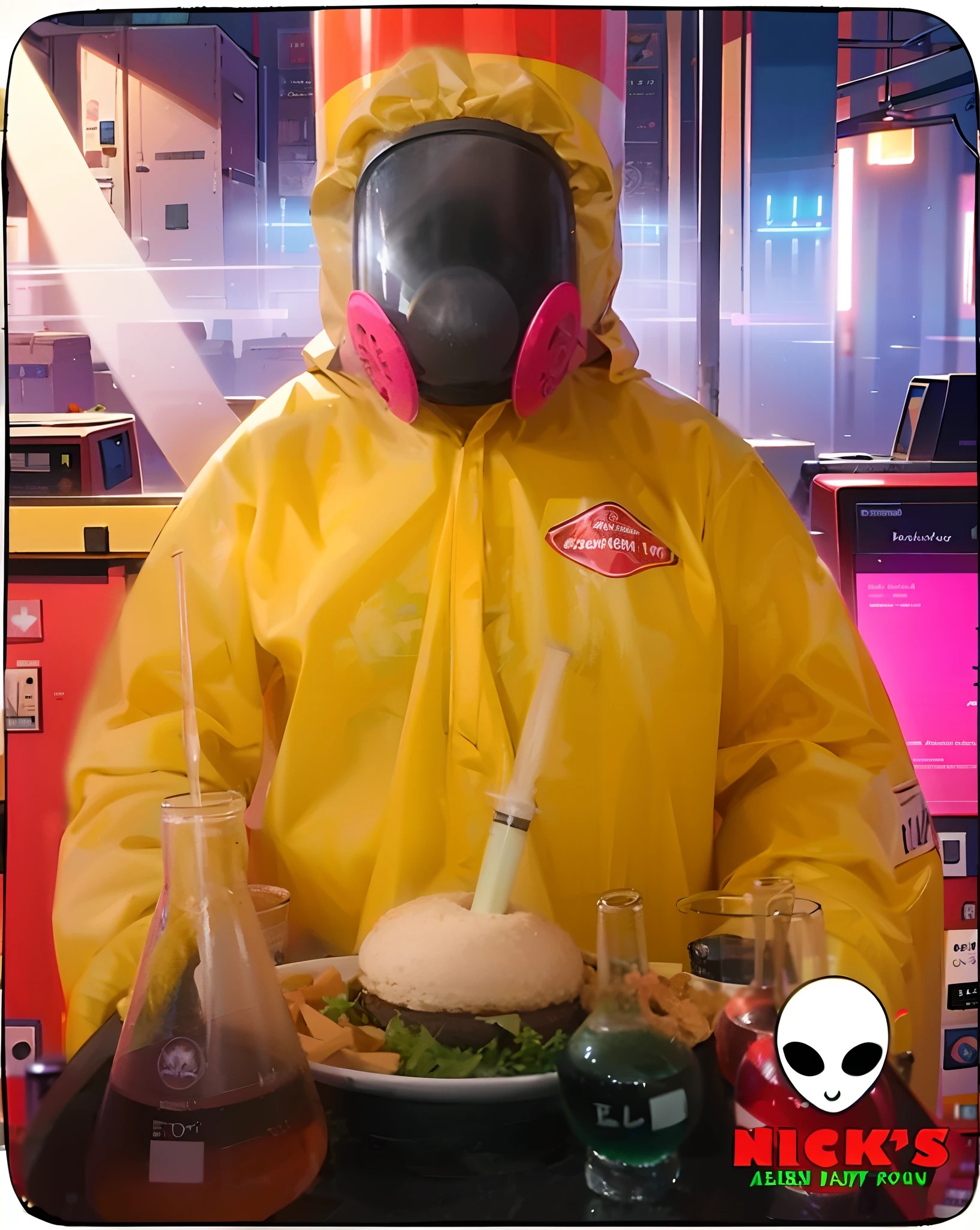Mostrar um ambiente sinistro, ilumnodado por luzes de neon vermelha, com muita neblina, Lab kits scattered throughout the environment. imagem 4k, super realista e futurista. Imagem ampliada nas altura e nas laterais.