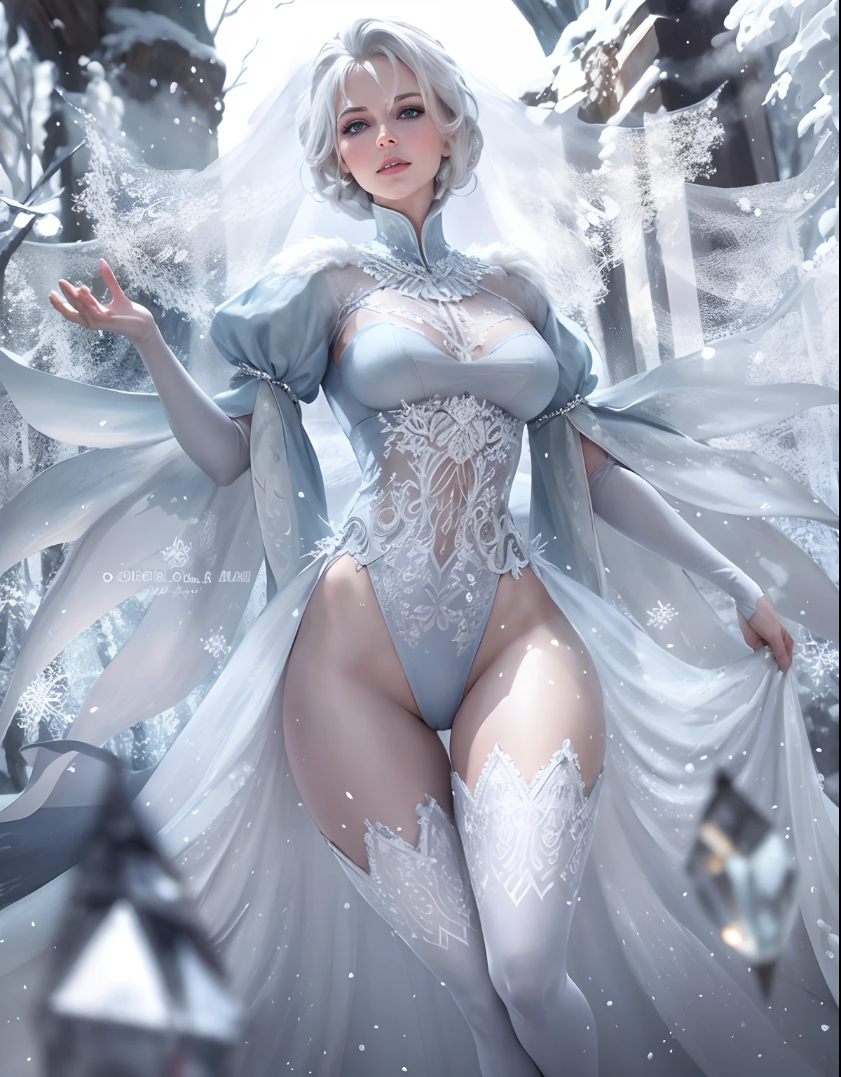 snow_queen_elsa, Nokk_elsa, (mature:1.3), tall, abs, glossy lips, in a snow forest, seductive, thong