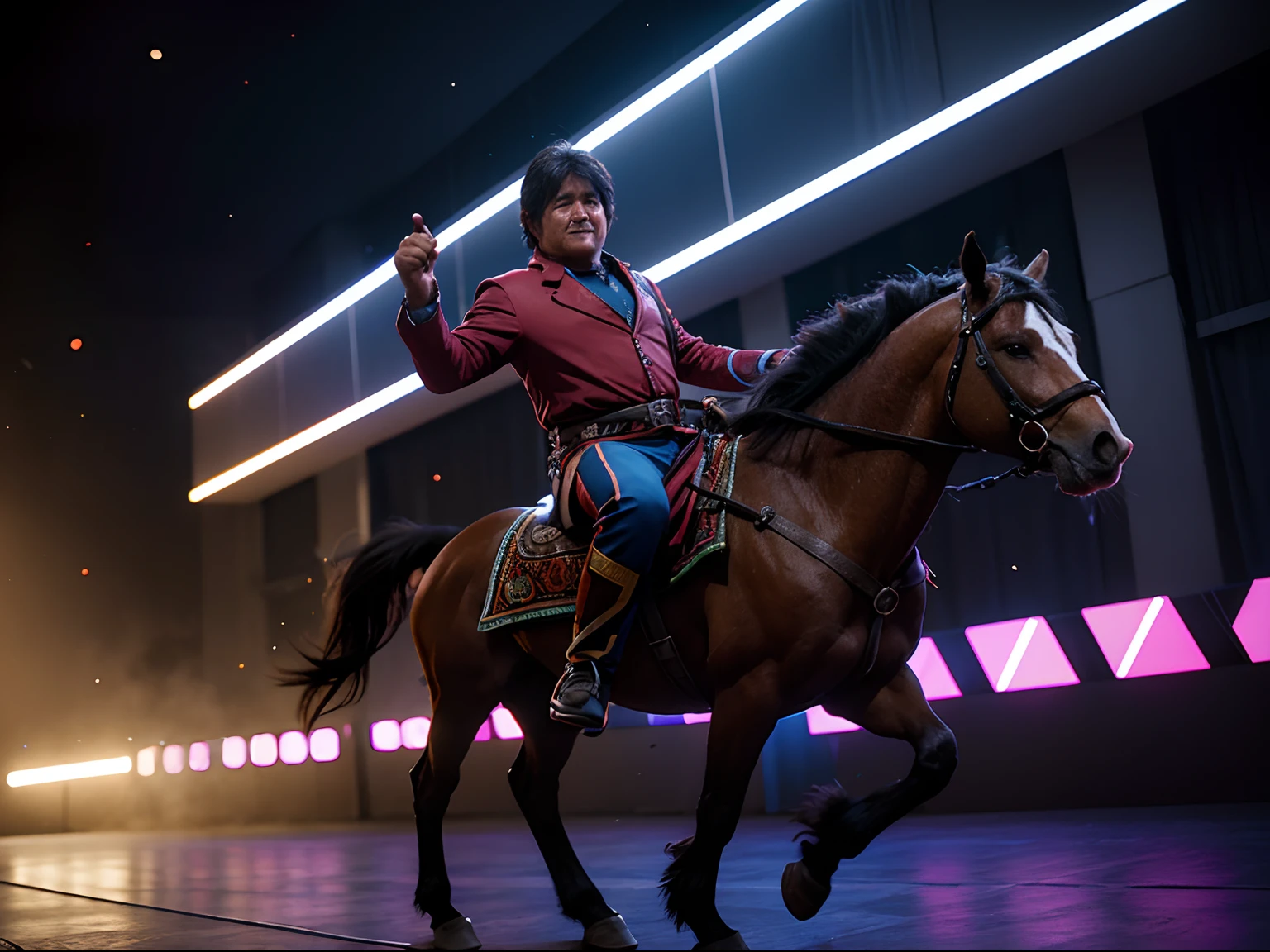 Evo Morales Bolivia, dance with horse un night club, octane render, 8 k, detailed, focused, masterpiece,