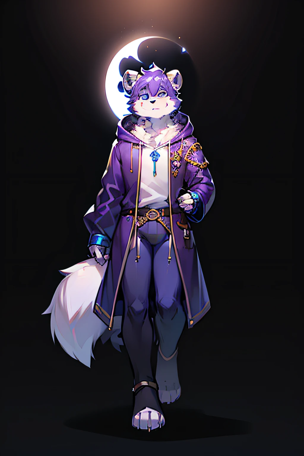 black and white panda dressed in a purple/blue outfit and a brown satchel, lunar themed attire, fursona wearing fantasy clothes, as a dnd wizard character, full body portrait, in a hoodie, furry character, full body!, [ character design ]