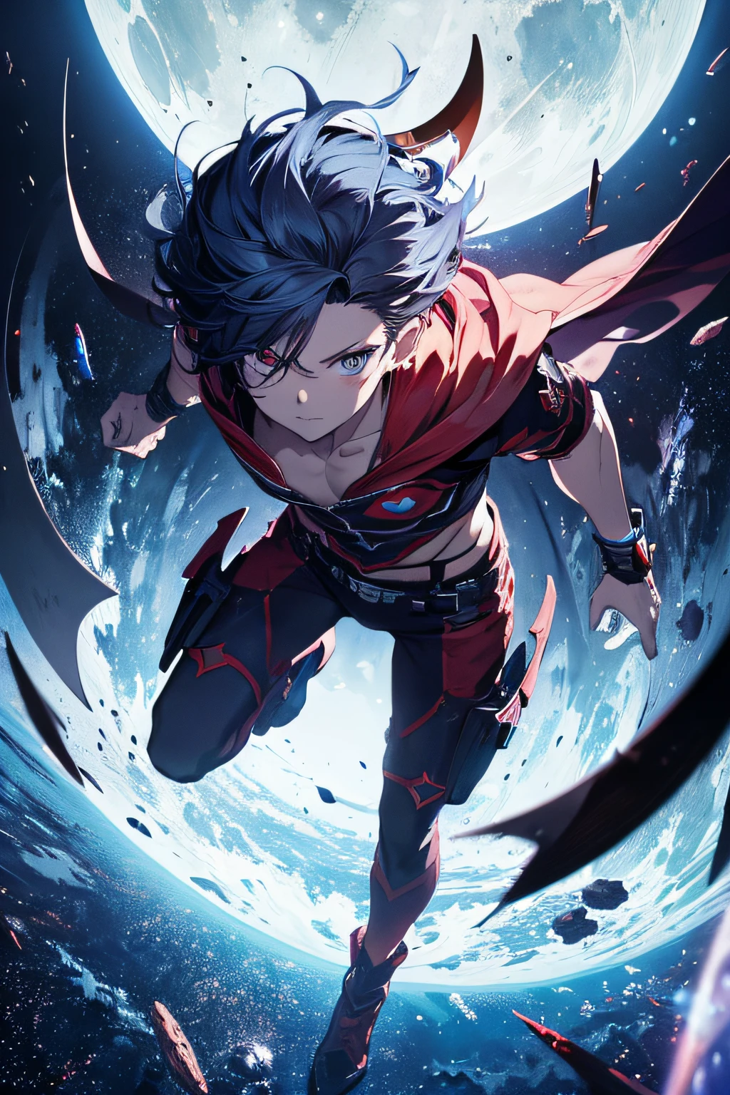 ridiculous resolution, high resolution, (masterpiece:1.4), super detailed, 1 Devil boy, seen from above, space, Giant Blue moon floating, --v 6