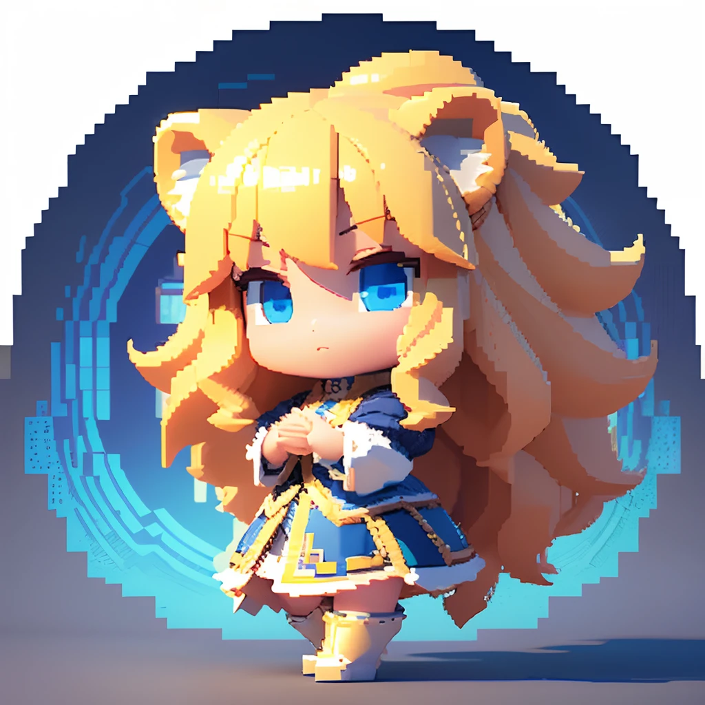 (3D Big Pixel Art), (3D Pixel Art),White background,Chibi,Explorer's attire,Large pixels,Lion-like girl praying with blonde hair and blue eyes,(3DPixel art),(3D Pixel Art)