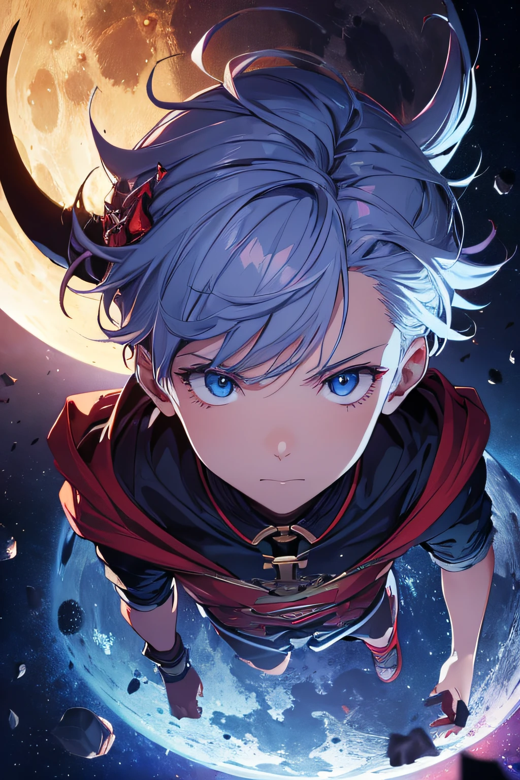 ridiculous resolution, high resolution, (masterpiece:1.4), super detailed, 1 Devil boy, seen from above, space, Giant Blue moon floating, --v 6