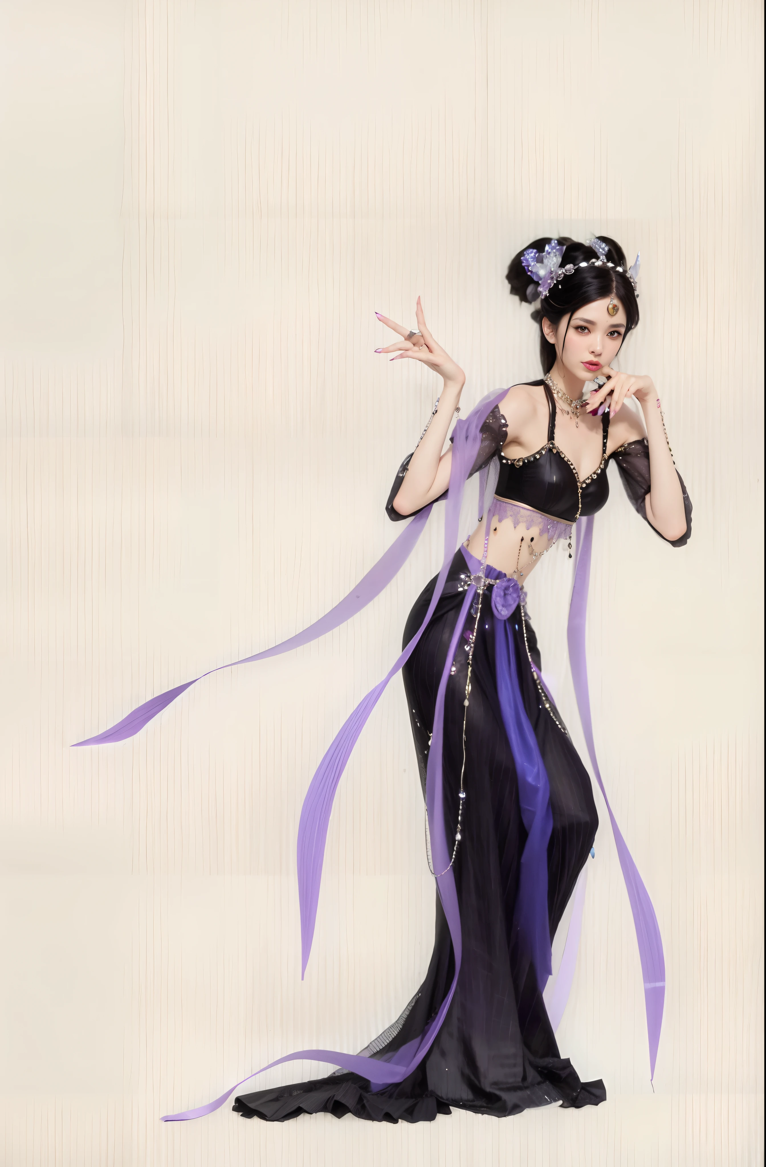 Enchanting witch succubus,broad chest, Slim waist,heavy makeups,Extra-long nails,Wearing a belly dancing bikini,Enchanting and seductive,The expression is vicious,There are purple streamers on the body,Eat men