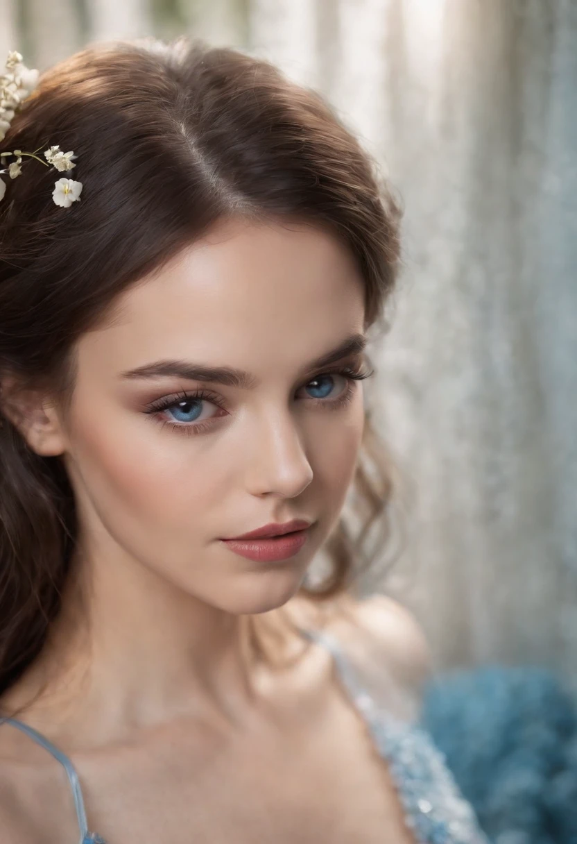 Mujer joven, ojos azules, piel hermosa , flores em la cabeza, semi desnudo, sensual, cabello largo, labios sensualed altamente realista