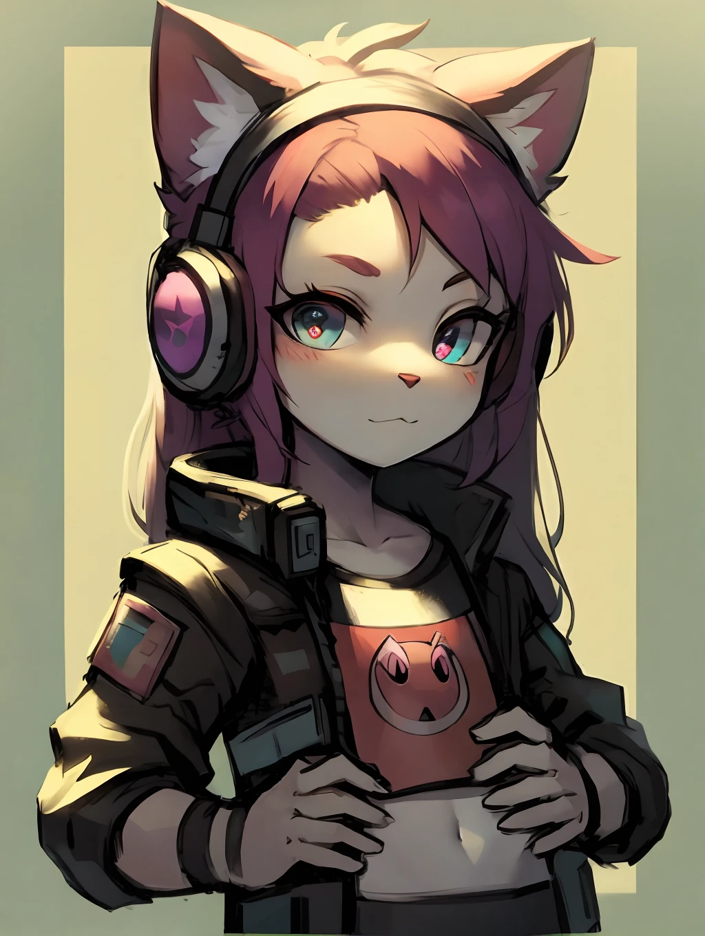 Cyberpunk girl with pink long hair,Q version,(ddlers,Ba adolable, cyberpunked, Cat Ear Headphones、Master masterpieces, hight resolution,8K,detailedbackground,hightquality,(((独奏))),Brighten the background、brilliance、looking at viewert,Iridescent colors,Light steppe、Cyberpunk costumes、Cute Cyberpunk Girl