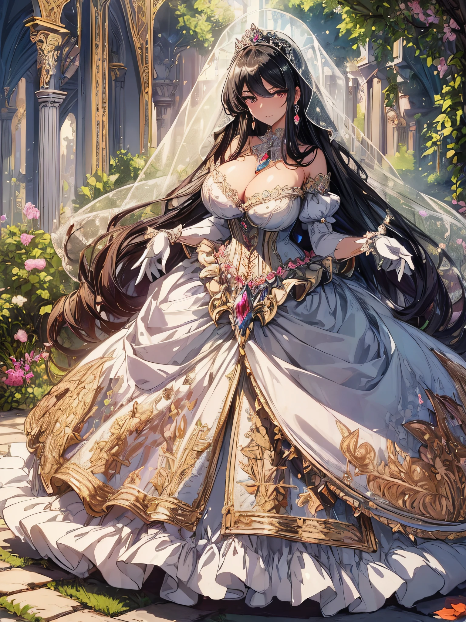 ((anime artstyle)),(Masterpiece),(Best Quality), (Super Detail),((Very Delicate and Beautiful)),cinematic lighting,1 girl,((full body portrait)),((standing in garden)),((solo)),(((1 fairytale princess in gorgeous embroidery and jeweled extremely gorgeous cinderella ballgown with voluminous full length hoop skirt))),an hourglass waist,padded and corseted bodice,(((huge crinoline hoopskirt))),long train,((gorgeous embroidery and jeweled)),voluminous frills,See-through,(gorgeous embroidery and beautiful lace),(((extremely gigantic tits,skindentation))),cleavage,((large amount of straight hair,extremely voluminous Straight long Hair,Very Long Straight Hair)),(finely detailed face and eyes),clear pupil,extremely gorgeousfull hair ornament,(bling-bling jeweled extremely gorgeousfull tiara),(bling-bling gorgeous gemstone jewelry),gorgeous long veil,((ultra long gloves)),(beautiful background),(full body),((gorgeous embroidery and jeweled extremely gorgeous cinderella ballgown with voluminous full length hoop skirt))