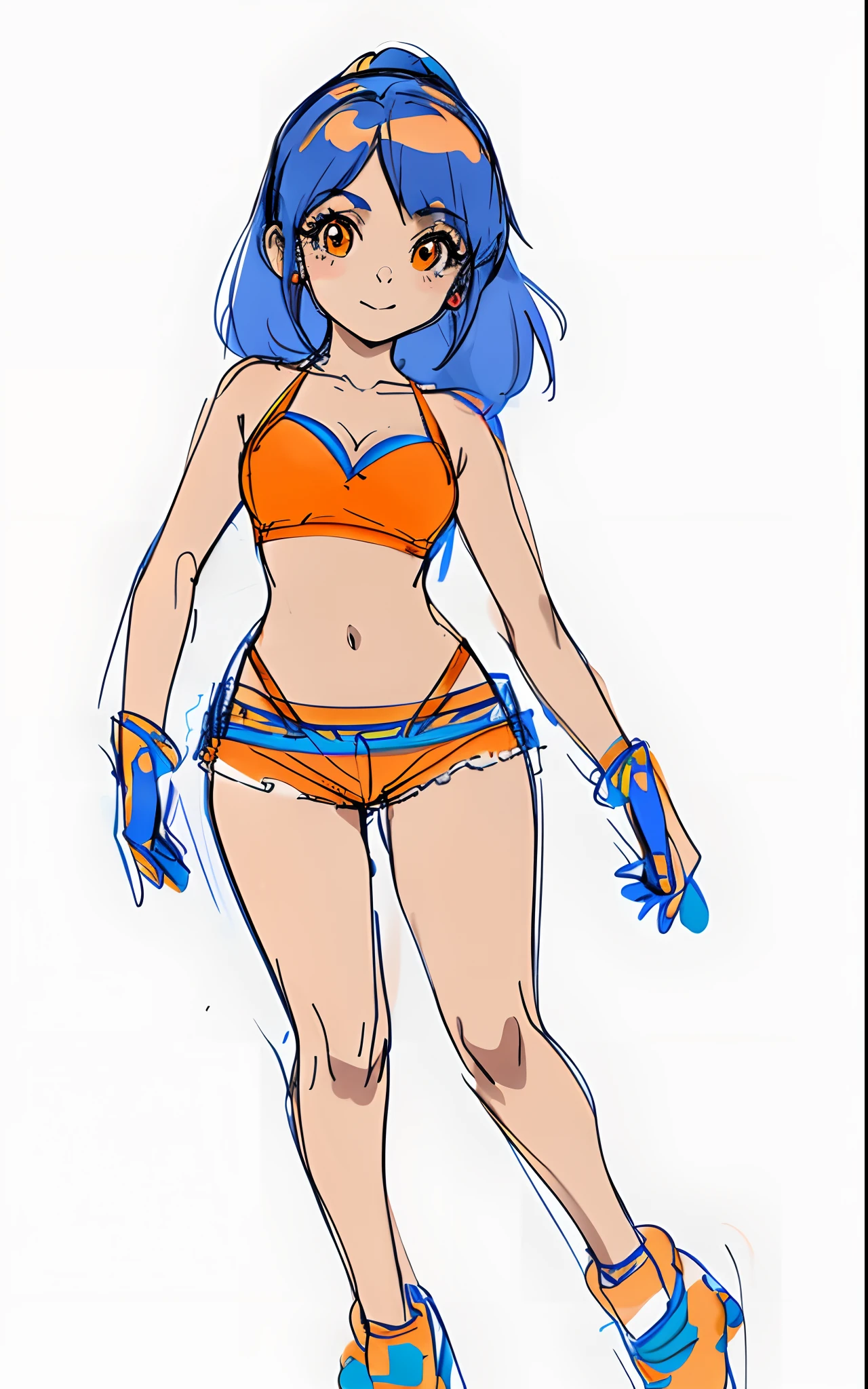 a drawing of a woman in a bikini top and panties, leeloo outfit, full body portrait of a short!, coloured in blueberra and orange, outfit design, some orange and blue, lola bunny fanart, colored sketch, in a space cadet outfit, full body character drawing, costume with blue accents, fantasy outfit, new costume concept design, bra and shorts streetwear