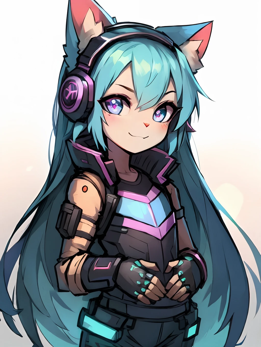 Cyberpunk girl with pink long hair,Q version,(toddlers,Baby), adolable, cyberpunked, Cat Ear Headphones、Master masterpieces, hight resolution,8K,detailedbackground,hightquality,(((独奏))),Brighten the background、brilliance、looking at viewert,Iridescent colors,Light steppe、Cyberpunk costumes、Cute Cyberpunk Girl