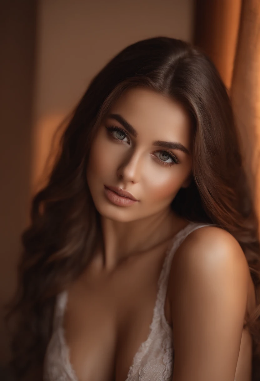 arafed woman fully , sexy girl with brown eyes, ultra realistic, meticulously detailed, portrait sophie mudd, brown hair and large eyes, selfie of a young woman naked with big boobs, dubai eyes, violet myers, without makeup, natural makeup, looking directly at the camera, face with artgram, subtle makeup, stunning full body shot kneeling on bed, in bedroom, medium to large size bust