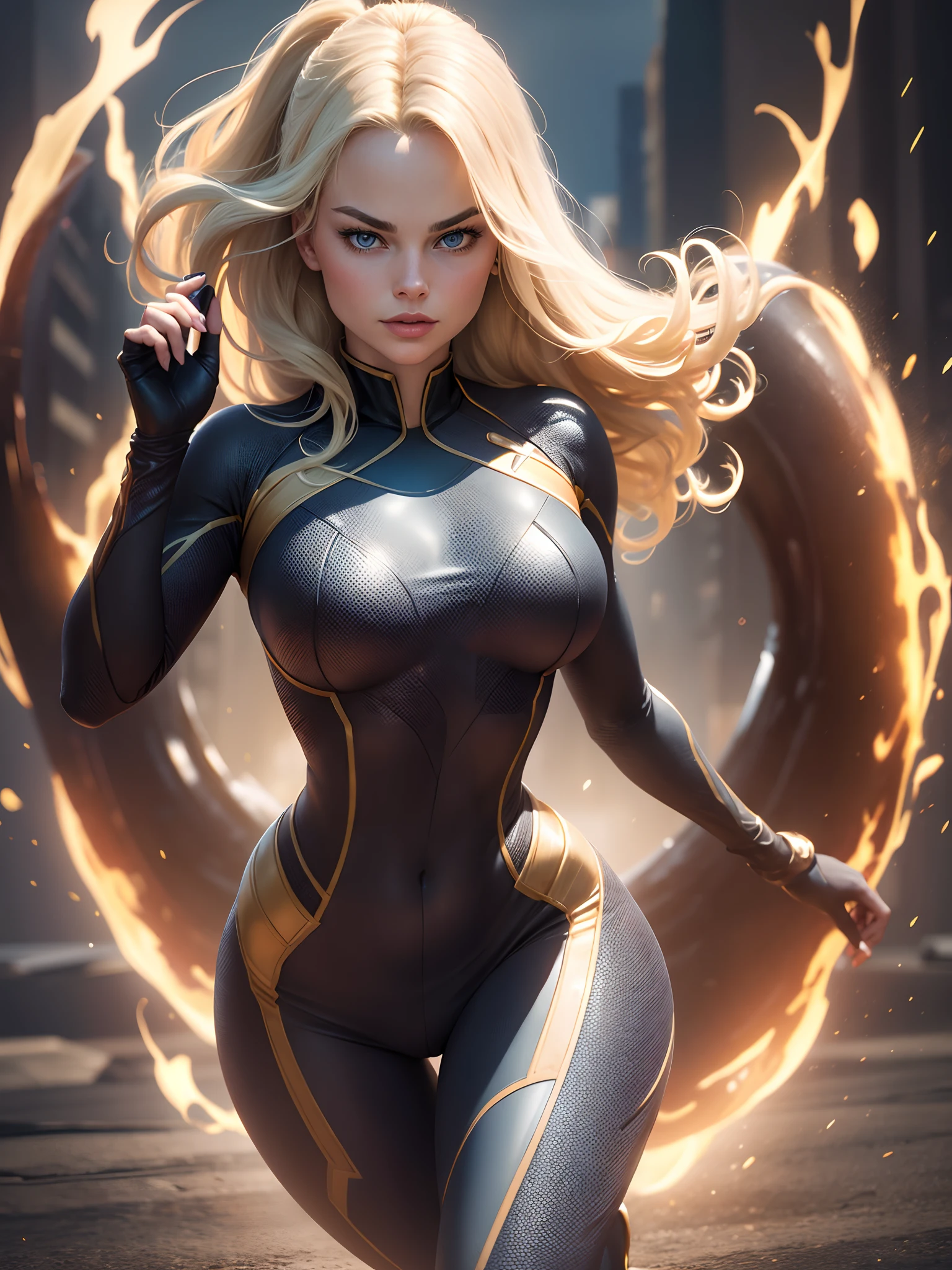 Margot Robbie in a Fantastic 4 costume, Fantastic Four costume, full body, ((best quality)), ((Selected:1.4)) super resolution, Cinematic lighting, (New York City: 1.3), ultra realistic, . .RAW, (realism: 1.5), (Realisitc: 1.4), (Absurdity: 1.4), 8k, ultra-detailed, detailed, (One:1.4 only), (Viewer facing:1.3), HD4