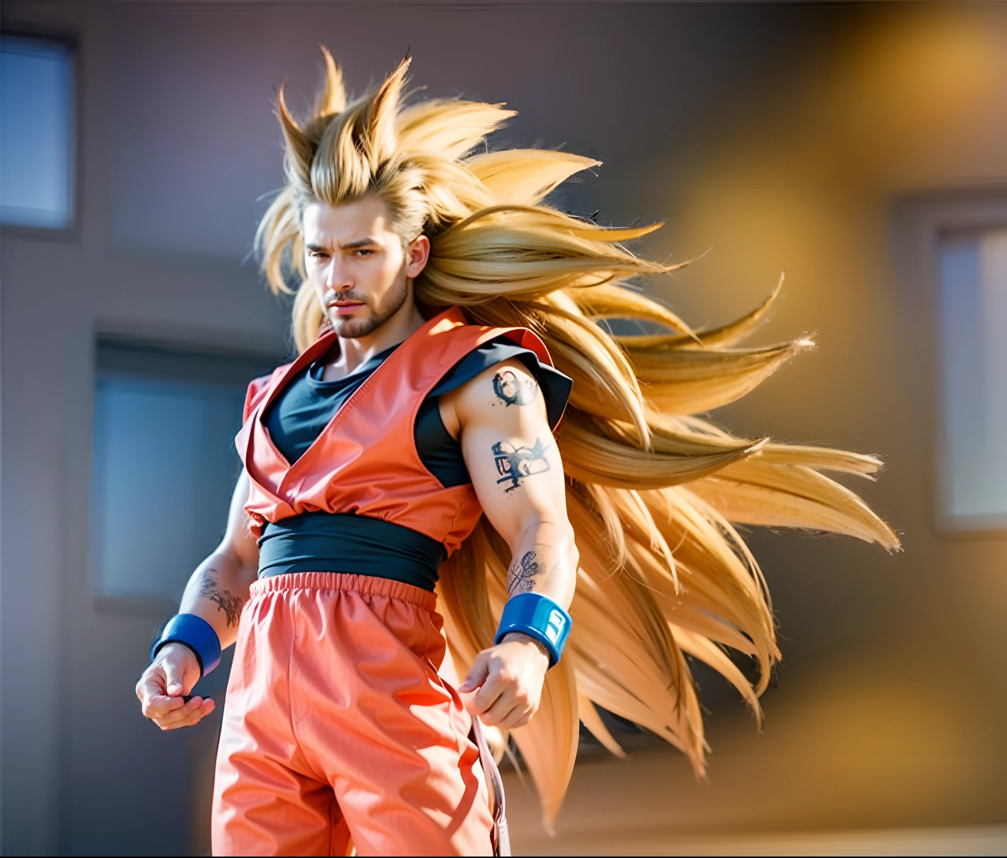 male character, long blond hair, orange top shirt, blue inner shirt with sleeves, blue cloth bracelets, orange pants