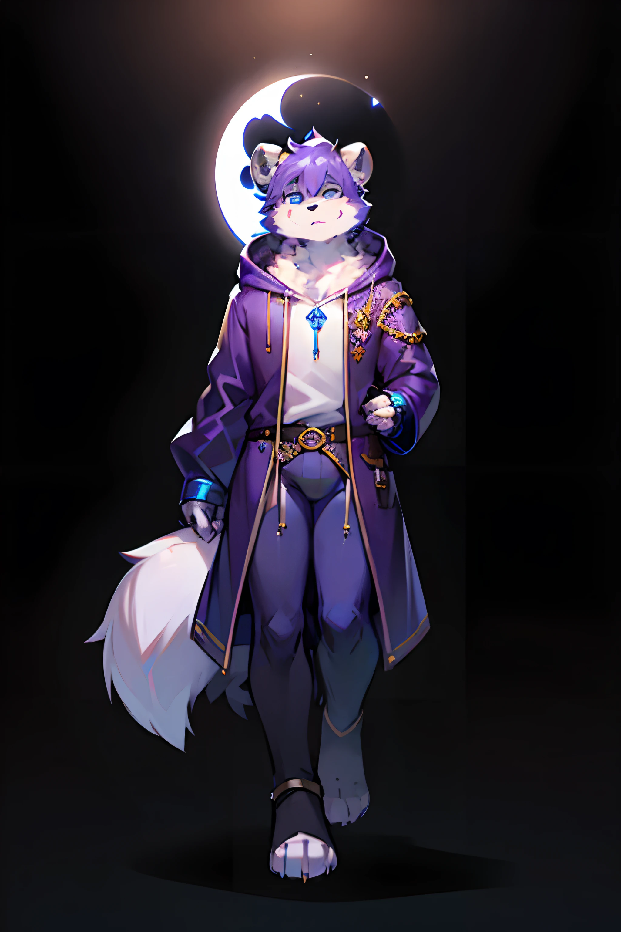 black and white panda dressed in a purple/blue outfit and a brown satchel, lunar themed attire, fursona wearing fantasy clothes, as a dnd wizard character, full body portrait, in a hoodie, furry character, full body!, [ character design ]