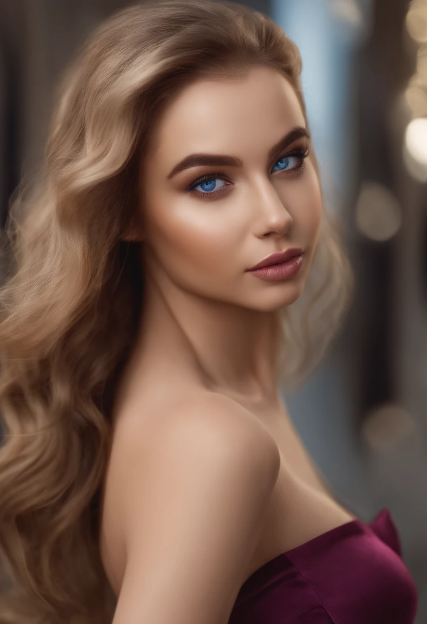arafed woman fully , sexy girl with blue eyes, ultra realistic, meticulously detailed, portrait sophie mudd, blonde hair and large eyes, vblue eyes, violet myers, natural makeup, looking directly at the camera, face with artgram, subtle makeup, , medium to large size, Slim dress, in The club with collorfull leds,