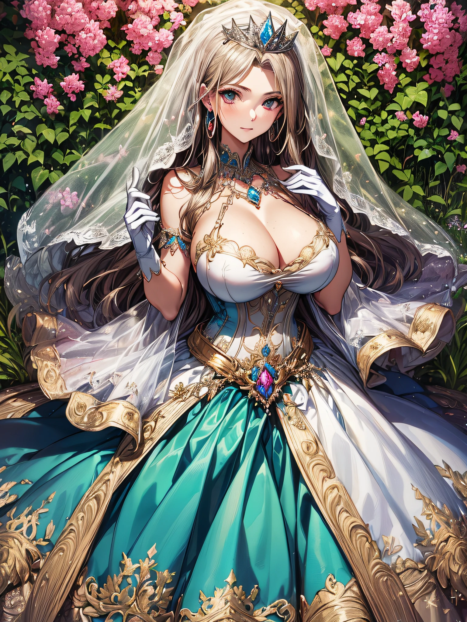 ((anime artstyle)),(Masterpiece),(Best Quality), (Super Detail),((Very Delicate and Beautiful)),cinematic lighting,1 girl,((full body portrait)),((standing in garden)),((solo)),(((1 fairytale princess in gorgeous embroidery and jeweled extremely gorgeous cinderella ballgown with voluminous full length hoop skirt))),an hourglass waist,padded and corseted bodice,(((huge crinoline hoopskirt))),long train,((gorgeous embroidery and jeweled)),voluminous frills,See-through,(gorgeous embroidery and beautiful lace),(((extremely gigantic tits,skindentation))),cleavage,((large amount of straight hair,extremely voluminous Straight long Hair,Very Long Straight Hair)),(finely detailed face and eyes),clear pupil,extremely gorgeousfull hair ornament,(bling-bling jeweled extremely gorgeousfull tiara),(bling-bling gorgeous gemstone jewelry),gorgeous long veil,((ultra long gloves)),(beautiful background),(full body),((gorgeous embroidery and jeweled extremely gorgeous cinderella ballgown with voluminous full length hoop skirt))