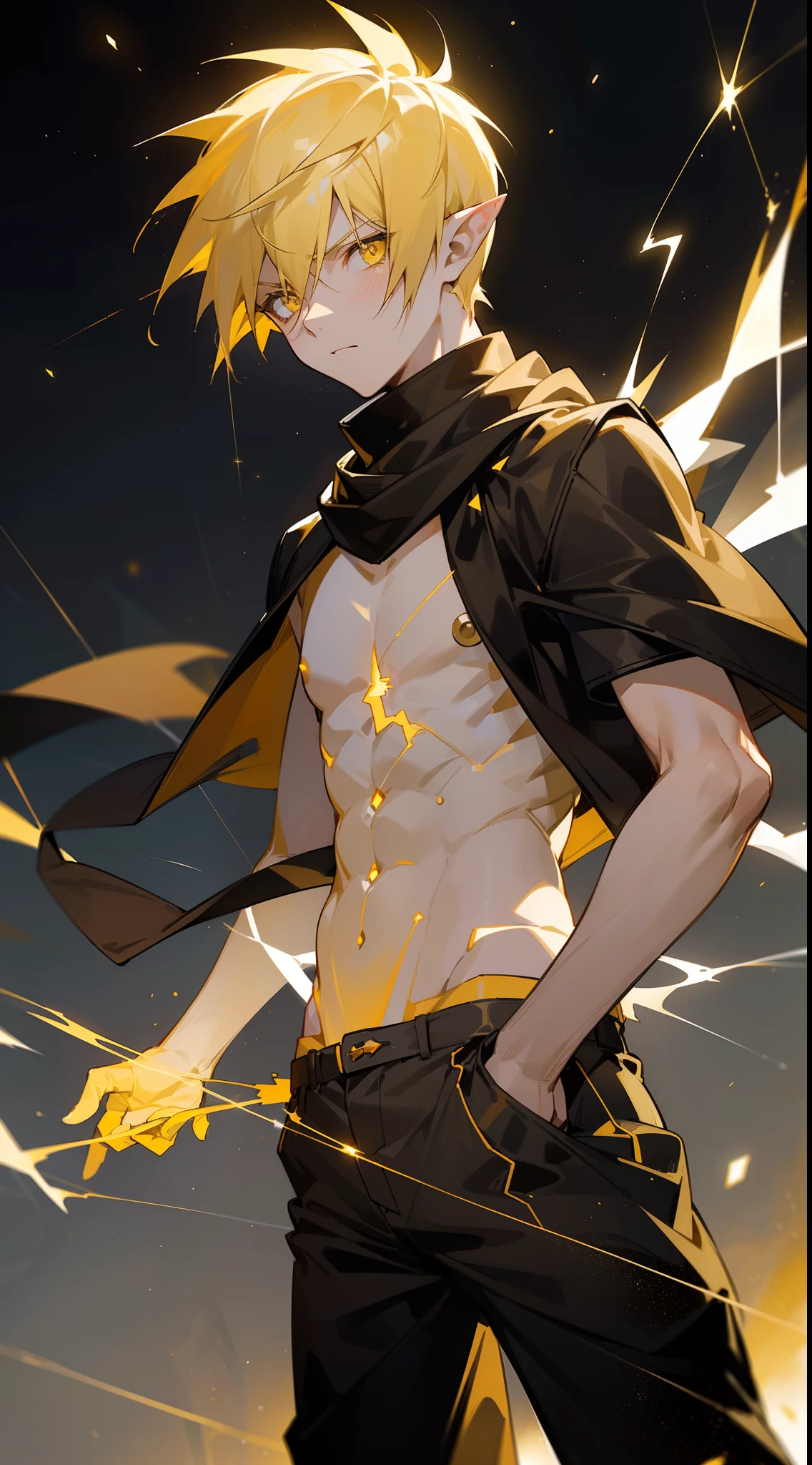1boy,mature male,yellow hair,short hair,spiky hair,yellow eyes,pointy ears,serious,no shirt,black shorts,black scarf,((standing on a road at night,night sky)),cowboy shot,(yellow sparks across the body, yellow rays across the body, electrified body)