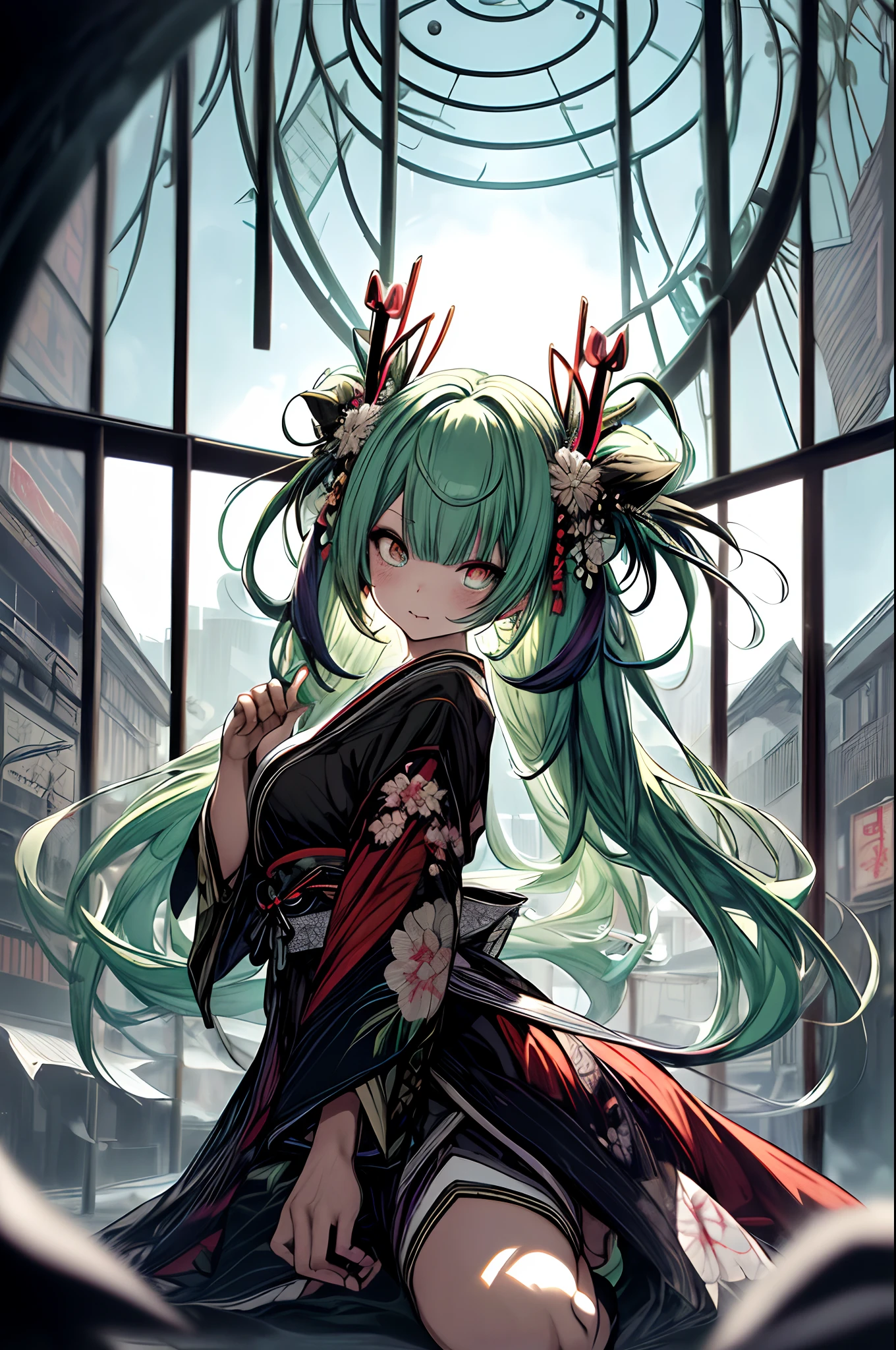 from side、Full body、Japanese dress、Kimono Dresses、long、miku hatsune、Green hair、Twin-tailed、Ahegao ( Silly / Sexual ecstasy)、Cross-eyed、Stranger、View other people、Blunt bangs、 over-kneehighs,Ahegao , Silly,Sexual ecstasy,Drunken eyes,Blunt bangs, Green hair,(masutepiece:1.2, Best Quality), (finely detailed beautiful eye: 1.2), (Detailed background,Dark Fantasy), (beautifull detailed face), High contrast, (Best Illumination, extremely delicate and beautiful), ((Cinematic Light)), Colorful, Hyper Detail, Dramatic light, Intricate details,