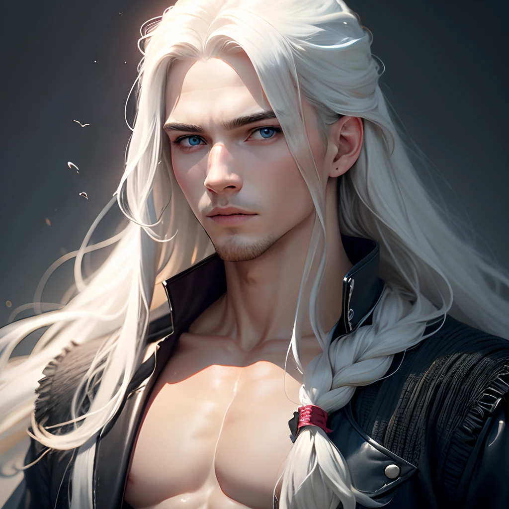 (melhor qualidade, retrato perfeito), homem de cabelo branco curto raspado do lado , pele negra resistente, semelhante aos Targaryen.