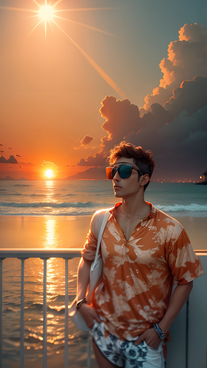 Change background and add sunset in a beach orange clothes sunglasses