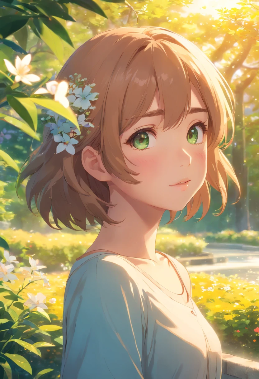 a girl with a cute face,naked,beautiful detailed eyes,beautiful detailed lips,extremely detailed eyes and face,longeyelashes,soft smooth skin,curly hair,stylish,hourglass figure,confident posture,lush green surroundings,flowers in the background,shimmering sunlight(best quality,4k,8k,highres,masterpiece:1.2),ultra-detailed,photorealistic,HDR,vivid colors,bokeh,warm color tone,soft lighting.