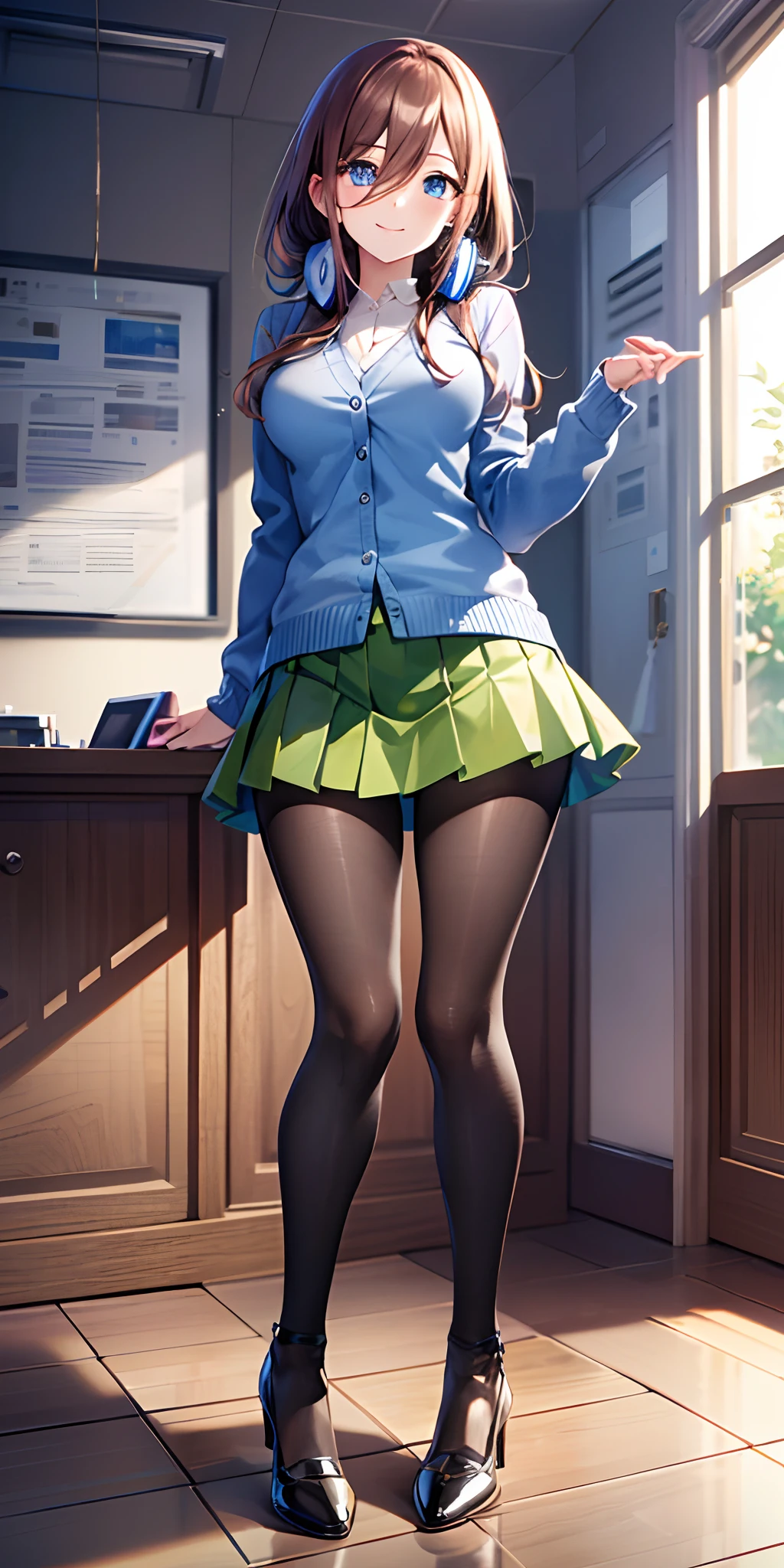 masutepiece, Best Quality, (Very detailed CG Unity 8K wallpaper) (Best Quality), (Best Illustration), (Best Shadows), Miku Nakano, Brown hair, Blue eyes, classroom, Beautiful detailed eyes, looking at viewer,((Blue Cardigan)),((very short green pleated miniskirt)),((Black pantyhose)),seductive smile,pigeon toed,skirt lift by myself,lifted by self,