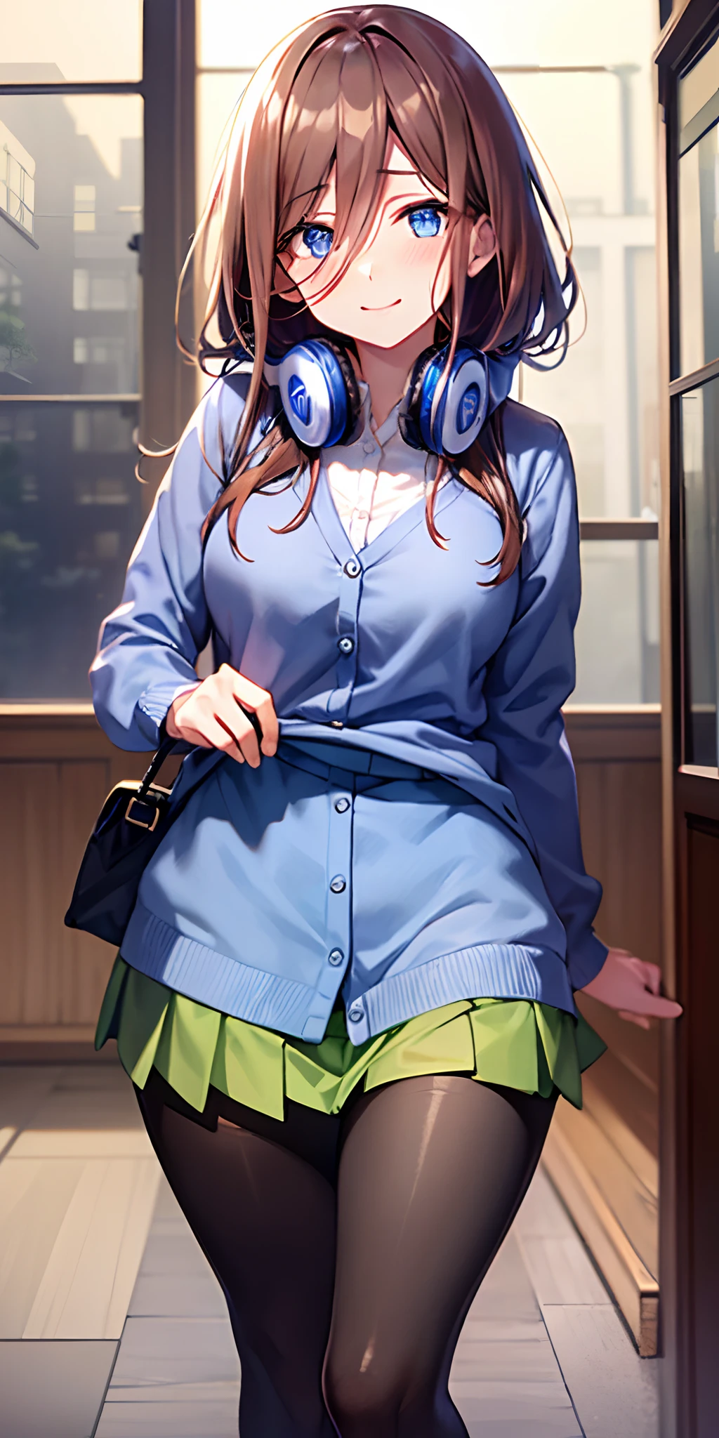 masutepiece, Best Quality, (Very detailed CG Unity 8K wallpaper) (Best Quality), (Best Illustration), (Best Shadows), Miku Nakano, Brown hair, Blue eyes, classroom, Beautiful detailed eyes, looking at viewer,((Blue Cardigan)),((very short green pleated miniskirt)),((Black pantyhose)),seductive smile,pigeon toed,skirt lift by myself, full-face blush,