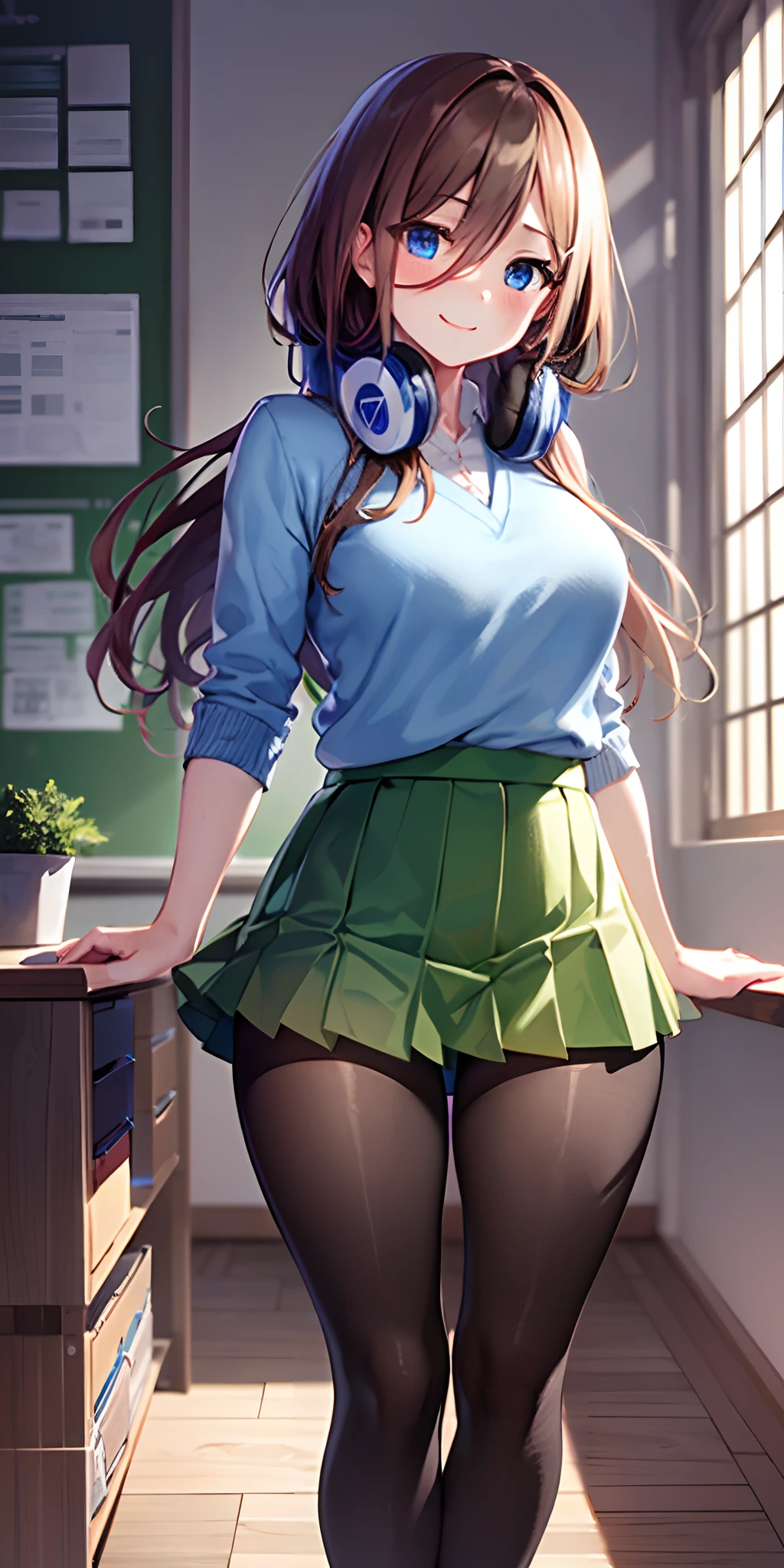 masutepiece, Best Quality, (Very detailed CG Unity 8K wallpaper) (Best Quality), (Best Illustration), (Best Shadows), Miku Nakano, Brown hair, Blue eyes, classroom, Beautiful detailed eyes, looking at viewer,((Blue Cardigan)),((very short green pleated miniskirt)),((Black pantyhose)),seductive smile,pigeon toed,pleated miniskirt lift by myself,full-face blush,