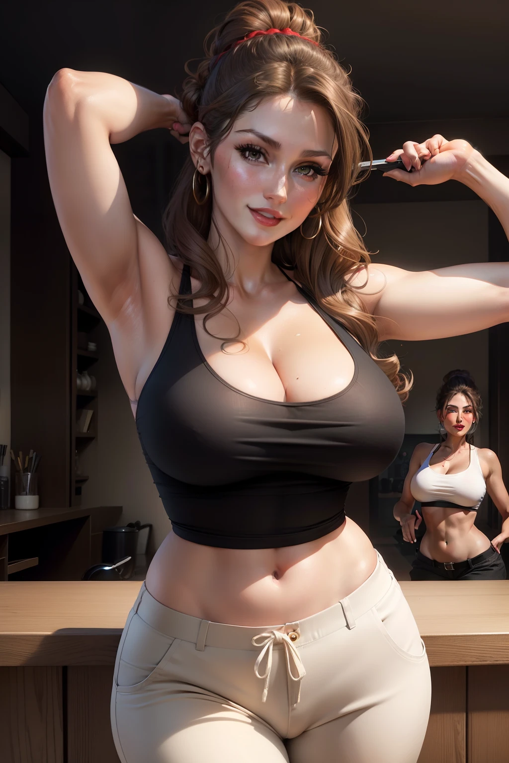 Lucy Pinder, portrait, Face portrait, red lips, smiling, cleavage, Voluptuous woman, wavy hair, light brown hair, ((Hair tied in a chignon)), tank top, ((cream t-shirt)), ((pants black)), belt, arm tattoos, dancing.