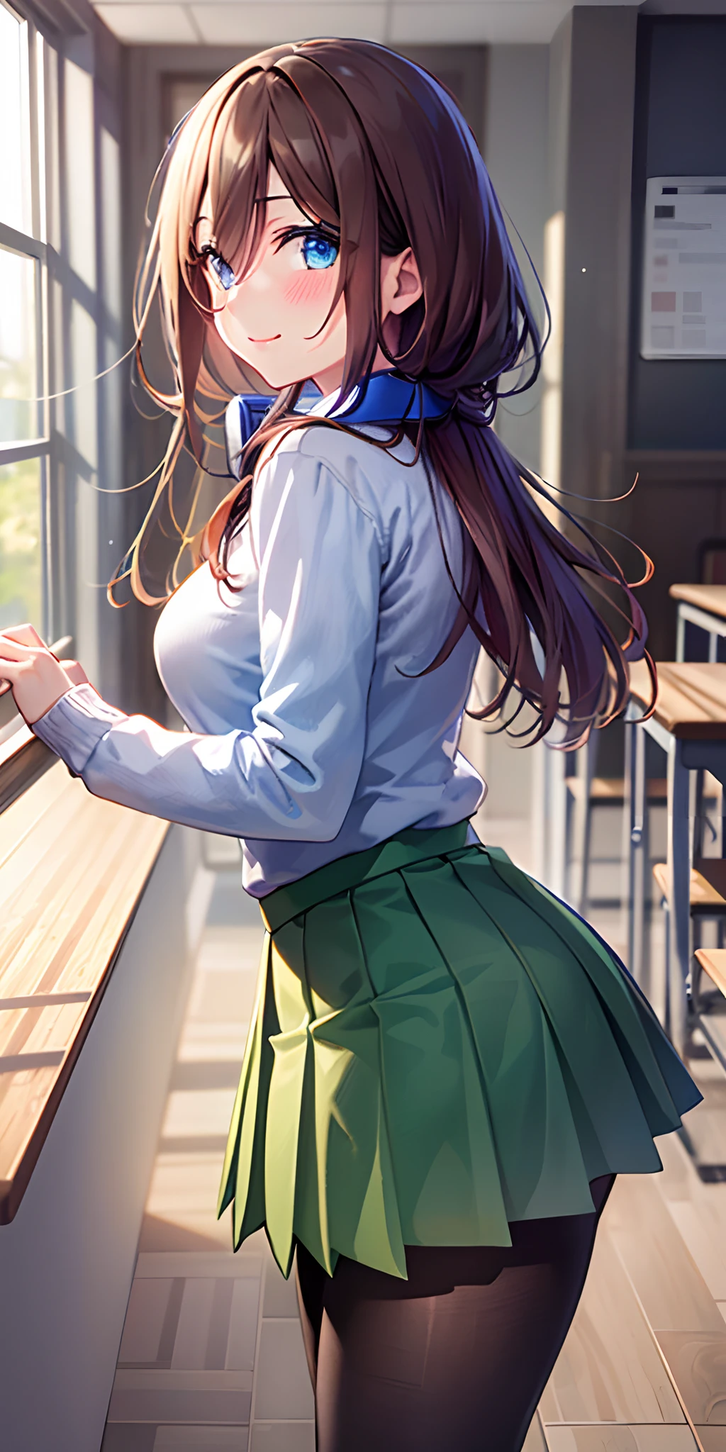 masutepiece, Best Quality, (Very detailed CG Unity 8K wallpaper) (Best Quality), (Best Illustration), (Best Shadows), Miku Nakano, Brown hair, Blue eyes, classroom, Beautiful detailed eyes, looking at viewer,((Blue Cardigan)),((very short green pleated miniskirt)),((Black pantyhose)),seductive smile,pigeon toed,very short green pleated miniskirt lift by myself,full-face blush,
