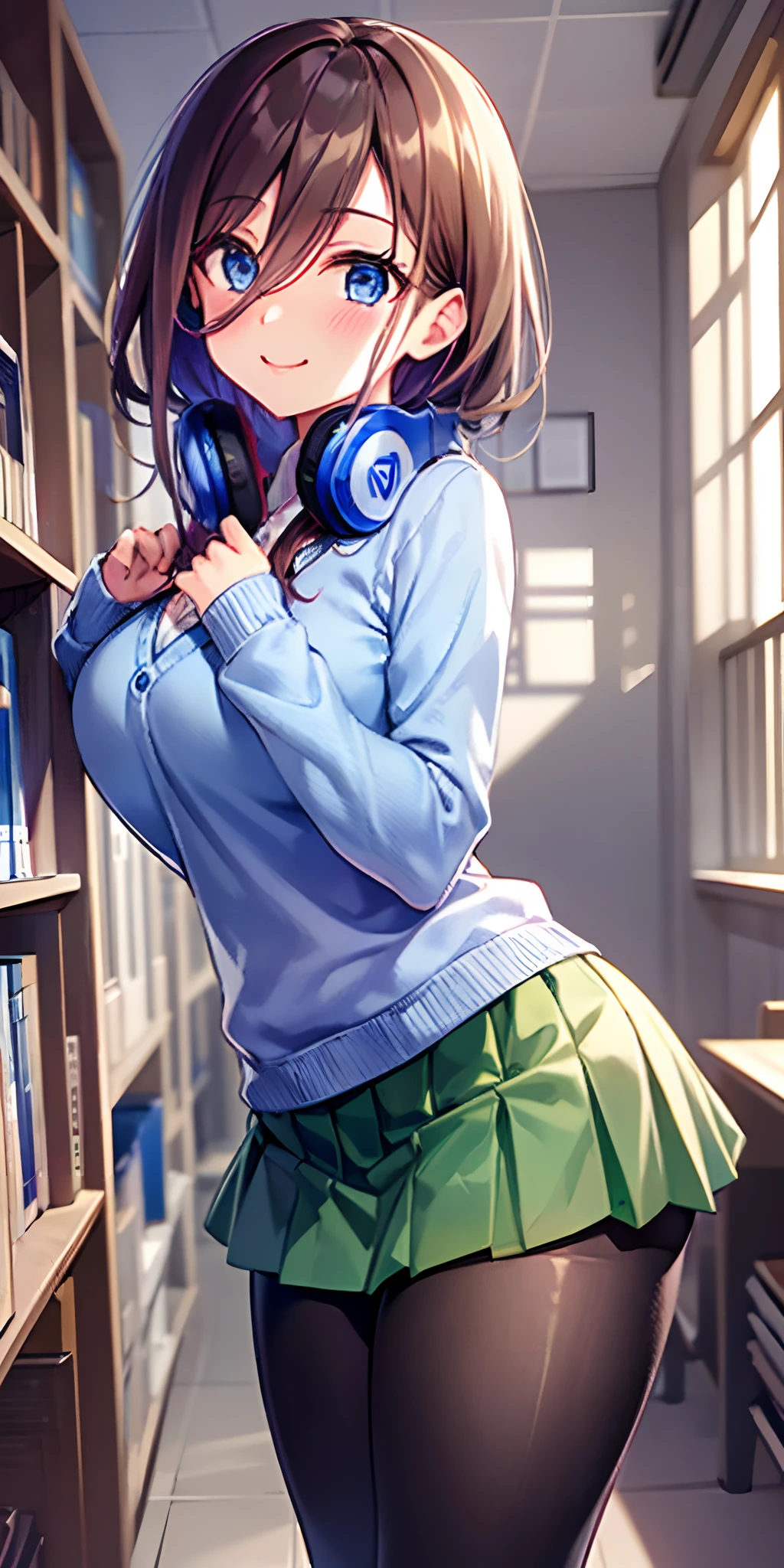 masutepiece, Best Quality, (Very detailed CG Unity 8K wallpaper) (Best Quality), (Best Illustration), (Best Shadows), Miku Nakano, Brown hair, Blue eyes, classroom, Beautiful detailed eyes, looking at viewer,((Blue Cardigan)),((very short green pleated miniskirt)),((Black pantyhose)),happy smile,pigeon toed,very short green pleated miniskirt lift by myself,full-face blush,