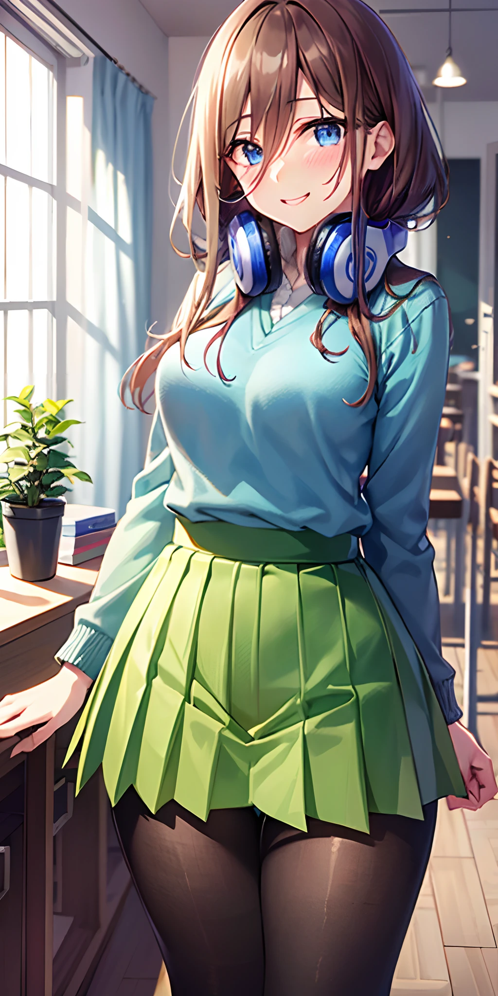 masutepiece, Best Quality, (Very detailed CG Unity 8K wallpaper) (Best Quality), (Best Illustration), (Best Shadows), Miku Nakano, Brown hair, Blue eyes, classroom, Beautiful detailed eyes, looking at viewer,((Blue Cardigan)),((very short green pleated miniskirt)),((Black pantyhose)),happy smile,pigeon toed,very short green pleated miniskirt lift by myself,full-face blush, showing panties