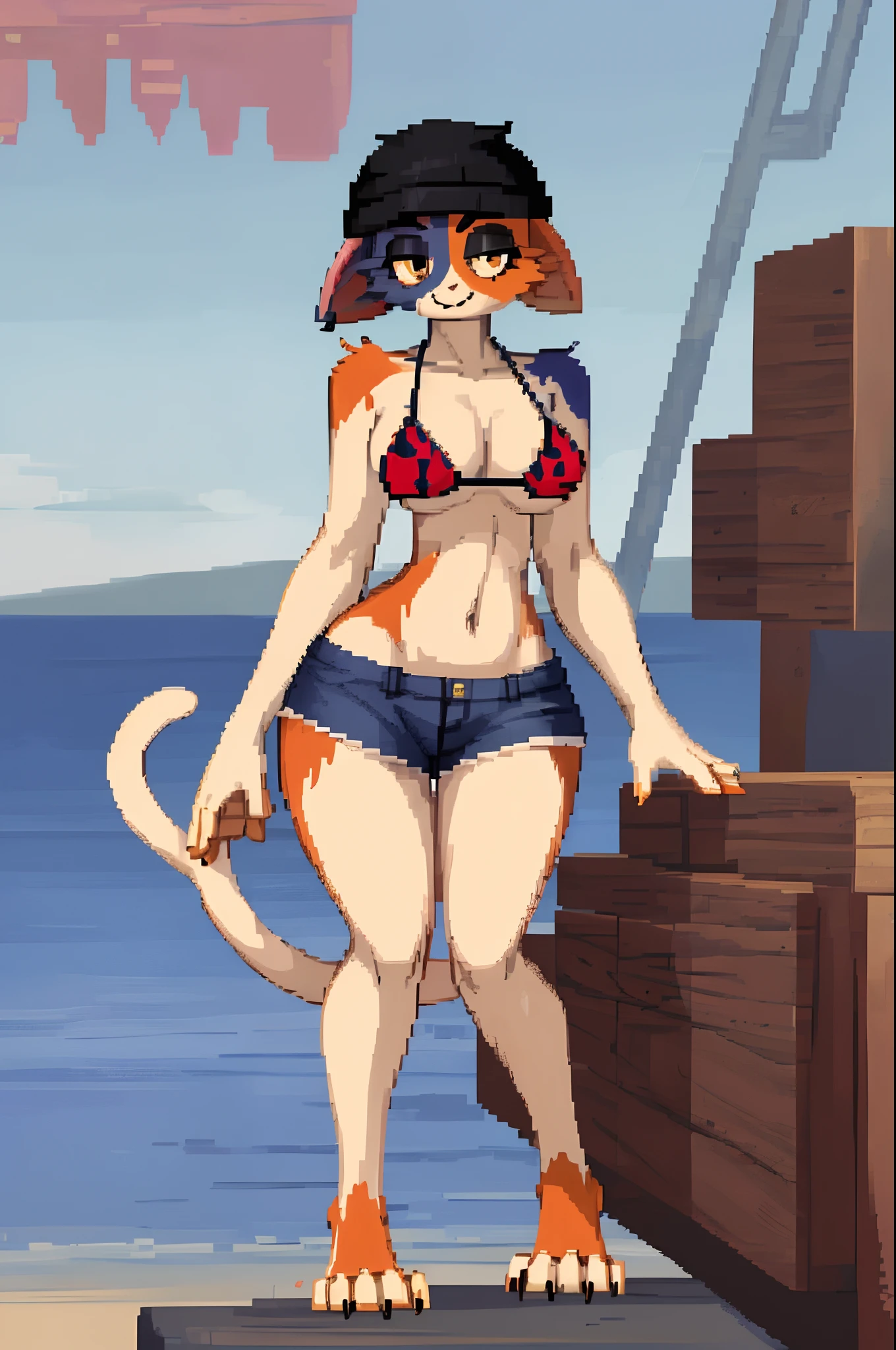 Meowskulls, solo, 1female, 1girl, bikini, wide hips, jean shorts