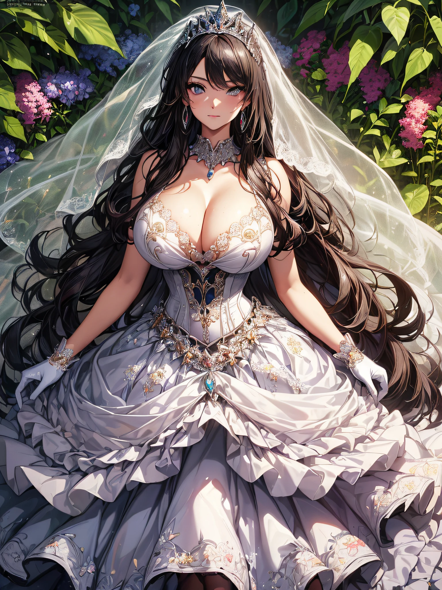 ((anime artstyle)),(Masterpiece),(Best Quality), (Super Detail),((Very Delicate and Beautiful)),cinematic lighting,1 girl,((full body portrait)),((standing in garden)),((solo)),(((1 fairytale princess in gorgeous embroidery and jeweled extremely gorgeous cinderella ballgown with voluminous full length hoop skirt))),an hourglass waist,padded and corseted bodice,(((huge crinoline hoopskirt))),long train,((gorgeous embroidery and jeweled)),voluminous frills,See-through,(gorgeous embroidery and beautiful lace),(((extremely gigantic tits,skindentation))),cleavage,((absurdly Long Straight Hair,extremely voluminous Straight long Hair,absurdly Long Straight Hair)),(finely detailed face and eyes),clear pupil,extremely gorgeousfull hair ornament,(bling-bling jeweled extremely gorgeousfull tiara),(bling-bling gorgeous gemstone jewelry),gorgeous long veil,((ultra long gloves)),(beautiful background),(full body),((gorgeous embroidery and jeweled extremely gorgeous cinderella ballgown with voluminous full length hoop skirt))