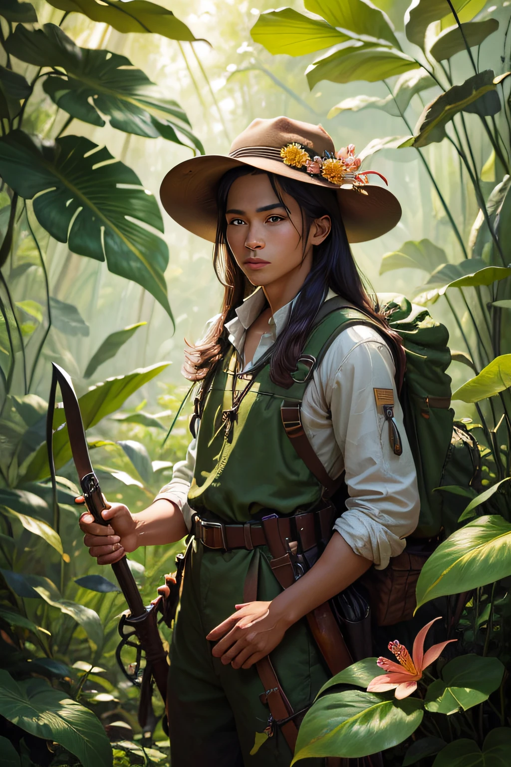 (best quality, highres), detailed painting of an explorer in the middle of the jungle. The explorer is kneeling in front of a rare, multicolored flower. The explorer is wearing a hat and holding a machete. The painting is done in a realistic style, with vibrant colors and sharp focus. The lighting in the painting creates a sense of depth and highlights the details of the jungle foliage. The artist has captured the intricate textures of the explorer's clothing and the delicate petals of the flower. The overall composition is balanced, with the explorer positioned in the center of the painting, surrounded by lush greenery and the vibrant hues of the flower.