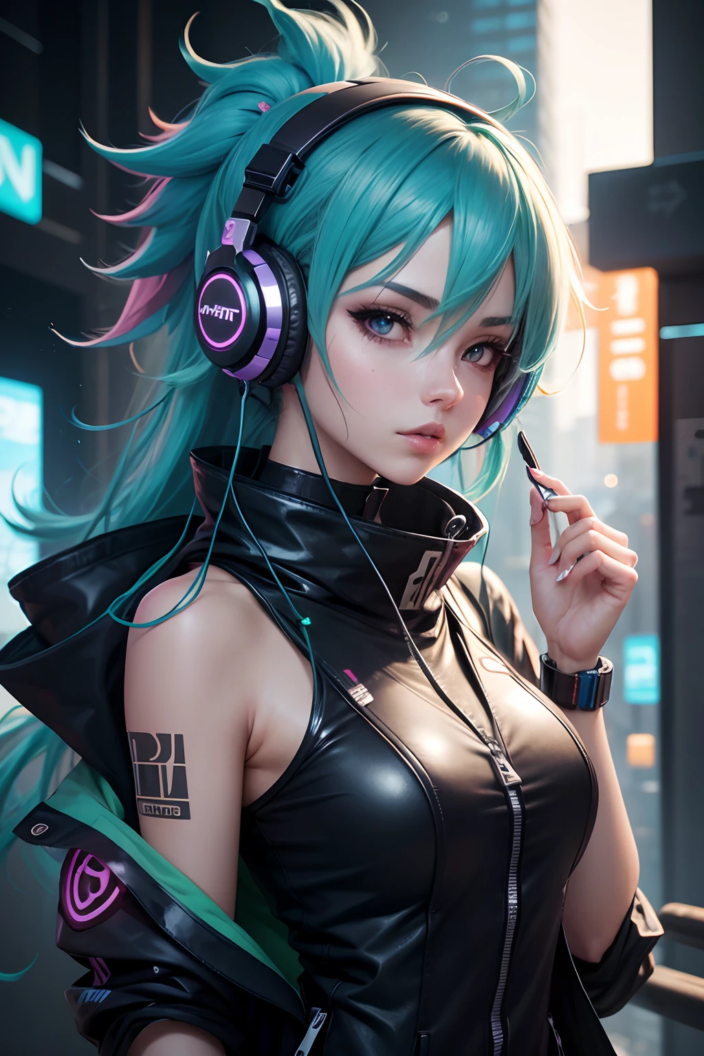 A young and very sexy and beautiful adult woman with large green eyes, long Blue hair and heavily inspired in cyberpunk art. Impeccably make up with red lipstick, dark eyeshadow accentuating her bright eyes. She's dressed in an open jacket that's slightly oversized, wearing a top covering her ample bosom. Sporting large, colorful headphones, she giving a side look tô the camera. The background is a vibrant water like setting with various multicolored light effects. Cinematic light, she is happy and enjoyng it