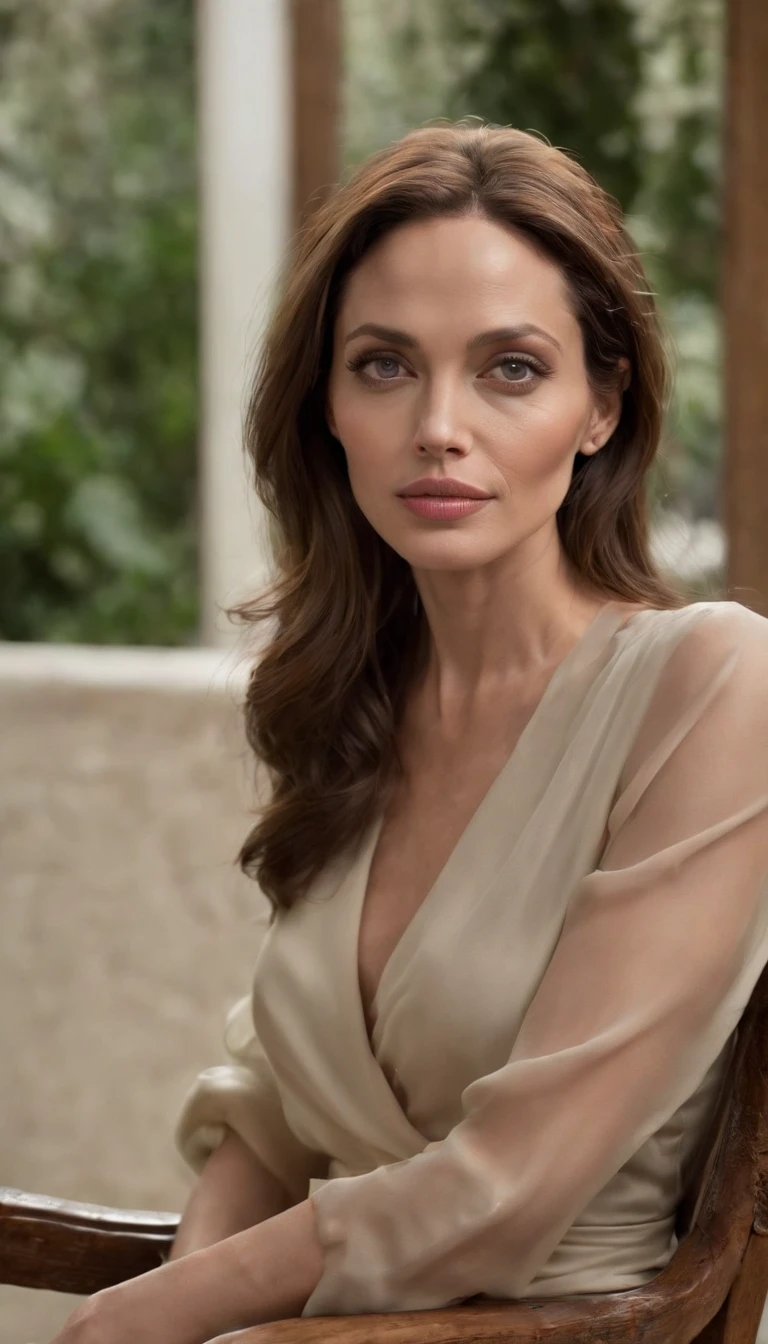 Angelina Jolie, big breasts, hyper detailed skin, hyper realistic face, short skirt, big breasts, open legs, black stockings, sitting, varied lighting, perfect face, realistic shading
