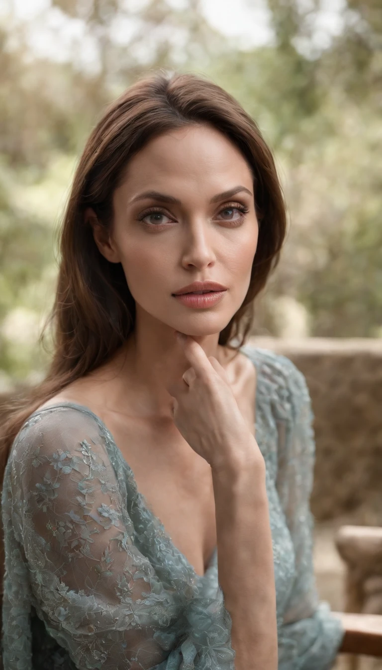 (Excepcional、profesional)、Cortesana elfa femenina con velos de colores sentada en una silla intrincada, Cara de Angelina Jolie