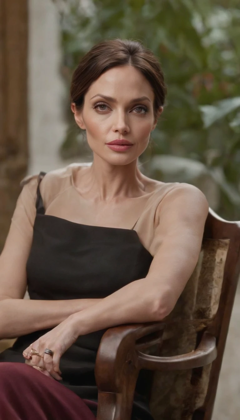 (Excepcional、profesional)、Cortesana elfa femenina con velos de colores sentada en una silla intrincada, Cara de Angelina Jolie