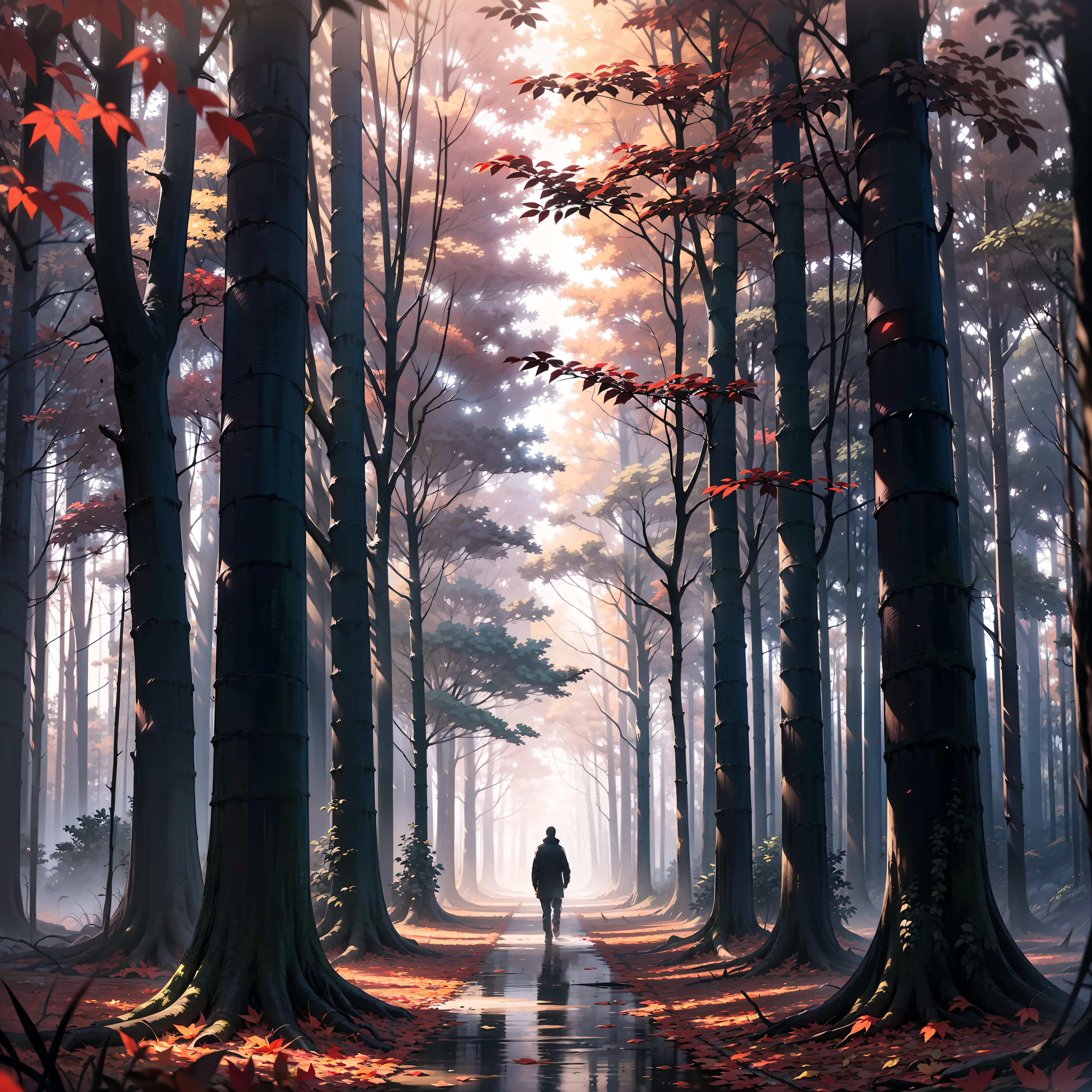 a dark shadow seen passing quickly in a blur, it’s slightly muddy, surrounded by tall trees with red leaves. The forest is dimly lit, creating a contrast between the red and black colors. The image evokes a sense of mystery and danger.