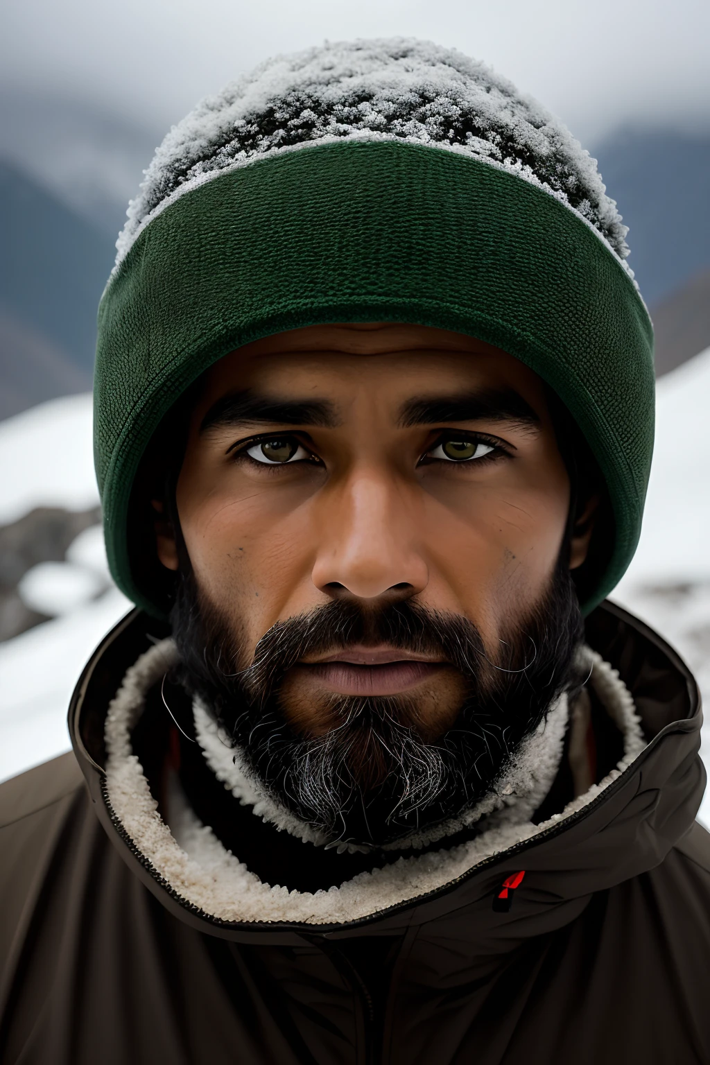 (best quality, high-res, realistic:1.37), detailed portrait photo, close up shot of a mountaineer in the Himalayas. The mountaineer has a weather-beaten face and is dressed in winter gear. 

The heavy snowfall in the background creates a serene and ethereal atmosphere. The snowflakes delicately cover the mountaineer's hat and shoulders, adding texture to the image. The mountaineer's face shows determination and resilience, with icicles hanging from their beard and eyelashes. 

Despite the challenging weather conditions, there are rays of sunlight piercing through the thick clouds, casting a warm glow on the mountaineer's face. The interplay of light and shadow accentuates the ruggedness of the mountaineer's features. 

The color palette of the image consists of shades of green and black, representing the lush vegetation in the lower altitudes of the Himalayas and the rocky terrains higher up. 

The overall lighting is dramatic, with the mountaineer standing in the foreground and the snow-covered peaks fading into the background. The lighting creates a sense of depth and emphasizes the majestic beauty of the Himalayan mountains. 

This prompt captures the raw and awe-inspiring nature of mountaineering in the Himalayas, showcasing the determination and courage of the mountaineer in the face of challenging weather conditions and extreme landscapes.