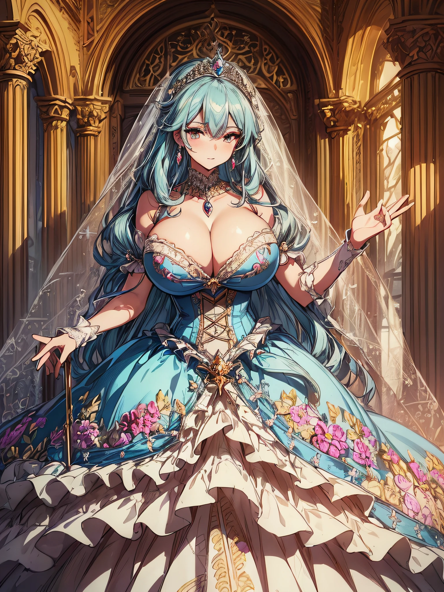 ((anime artstyle)),(Masterpiece),(Best Quality), (Super Detail),((Very Delicate and Beautiful)),cinematic lighting,1 girl,((full body portrait)),((standing in garden)),((solo)),(((1 fairytale princess in gorgeous embroidery and jeweled extremely gorgeous cinderella ballgown with voluminous full length hoop skirt))),an hourglass waist,padded and corseted bodice,(((huge crinoline hoopskirt))),long train,((gorgeous embroidery and jeweled)),voluminous frills,See-through,(gorgeous embroidery and beautiful lace),(((extremely gigantic tits,skindentation))),cleavage,((absurdly Long Straight Hair,extremely voluminous Straight long Hair,absurdly Long Straight Hair)),(finely detailed face and eyes),clear pupil,extremely gorgeousfull hair ornament,(bling-bling jeweled extremely gorgeousfull tiara),((bling-bling gorgeous gemstone jewelry)),gorgeous long veil,((ultra long gloves)),(beautiful background),(full body),((gorgeous embroidery and jeweled extremely gorgeous cinderella ballgown with voluminous full length hoop skirt))