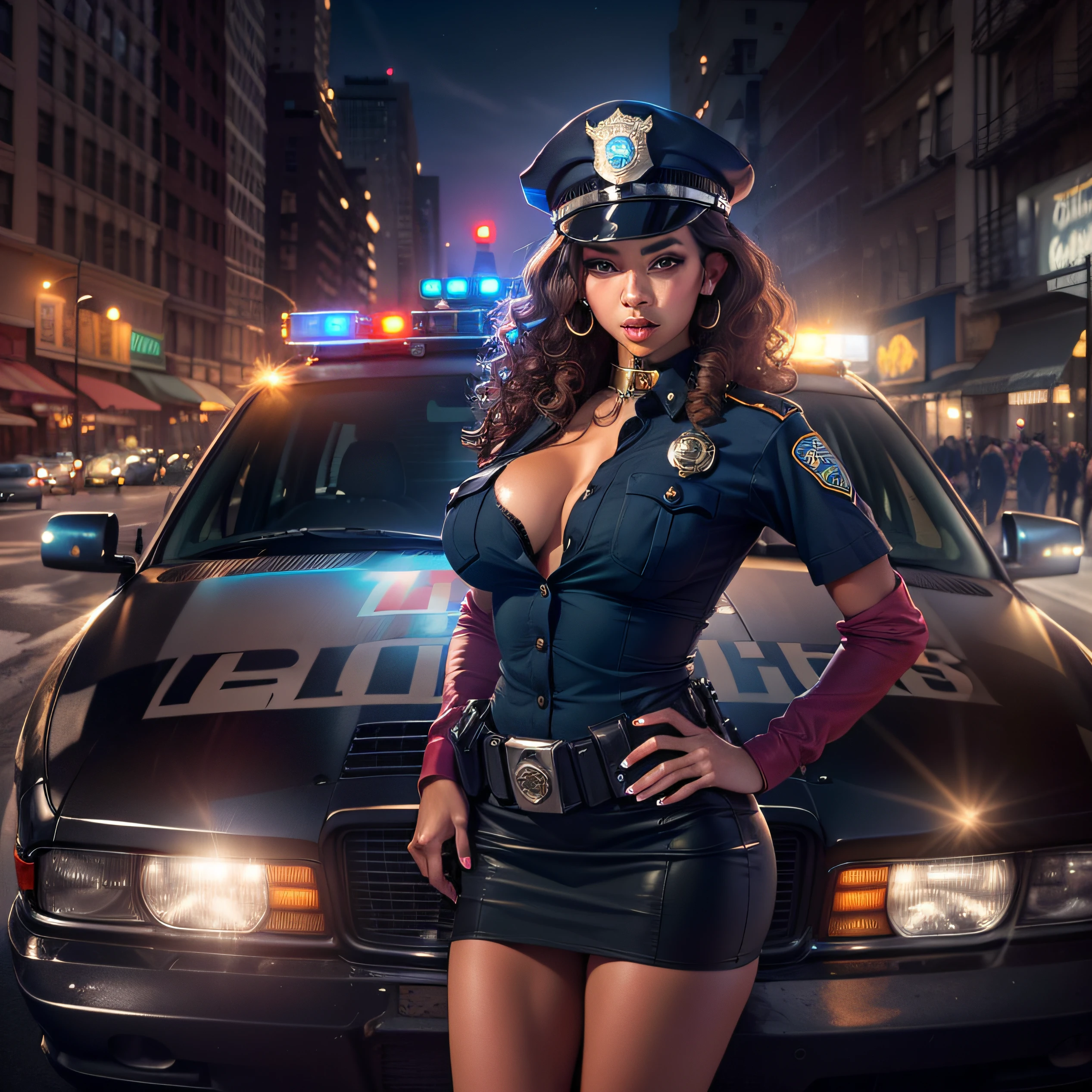 police car in new york city, night life, sexy model, police uniform on, big breast, cute, police hat on, curly hair, sexy police lingerie