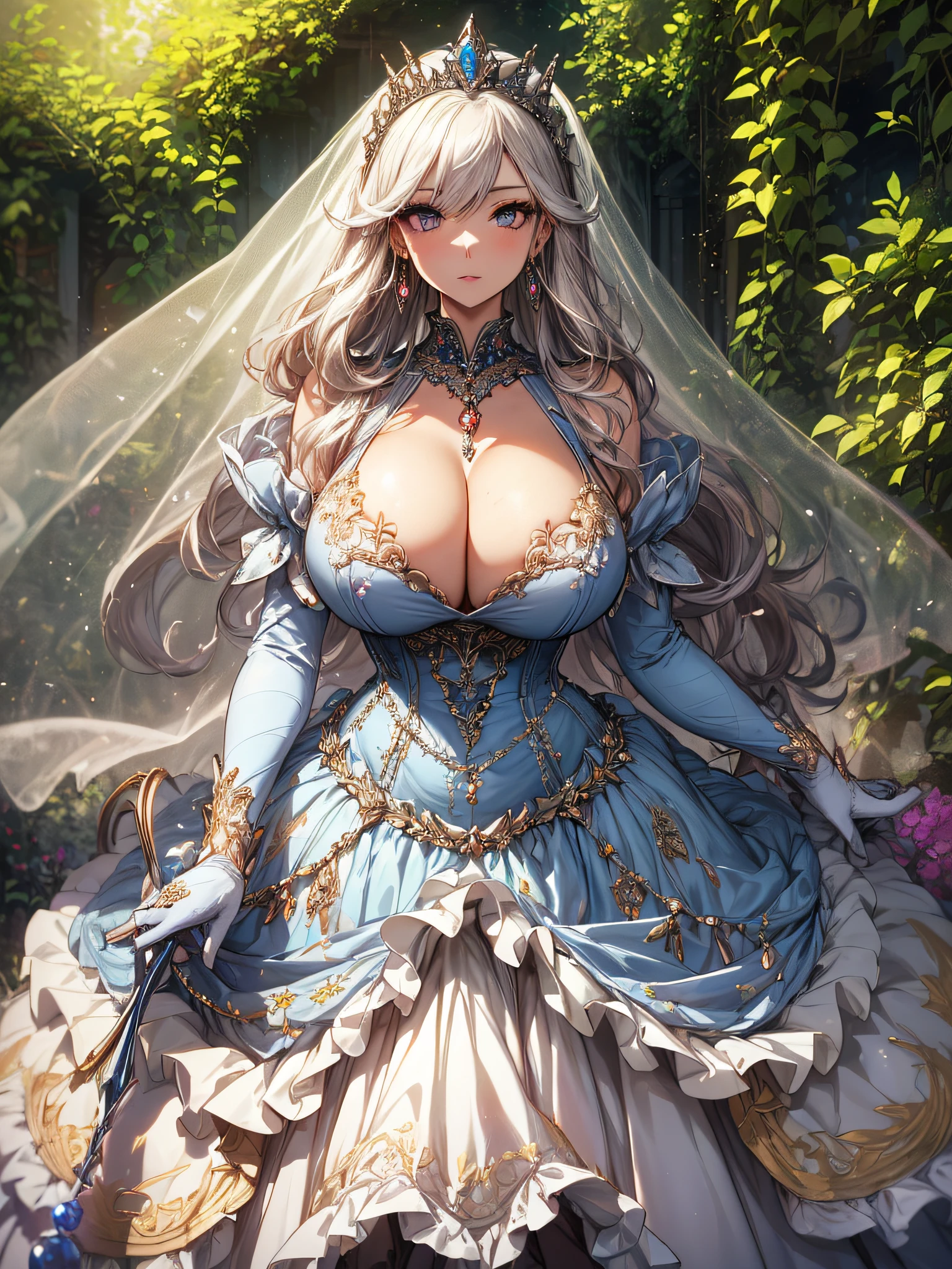 ((anime artstyle)),(Masterpiece),(Best Quality), (Super Detail),((Very Delicate and Beautiful)),cinematic lighting,1 girl,((full body portrait)),((standing in garden)),((solo)),(((1 fairytale princess in gorgeous embroidery and jeweled extremely gorgeous cinderella ballgown with voluminous full length hoop skirt))),an hourglass waist,padded and corseted bodice,(((huge crinoline hoopskirt))),long train,((gorgeous embroidery and jeweled)),voluminous frills,See-through,(gorgeous embroidery and beautiful lace),(((extremely gigantic tits,skindentation))),cleavage,((absurdly Long Straight Hair,extremely voluminous Straight long Hair,absurdly Long Straight Hair)),(finely detailed face and eyes),clear pupil,extremely gorgeousfull hair ornament,(bling-bling jeweled extremely gorgeousfull tiara),((bling-bling gorgeous gemstone jewelry)),gorgeous long veil,((ultra long gloves)),(beautiful background),(full body),((gorgeous embroidery and jeweled extremely gorgeous cinderella ballgown with voluminous full length hoop skirt))