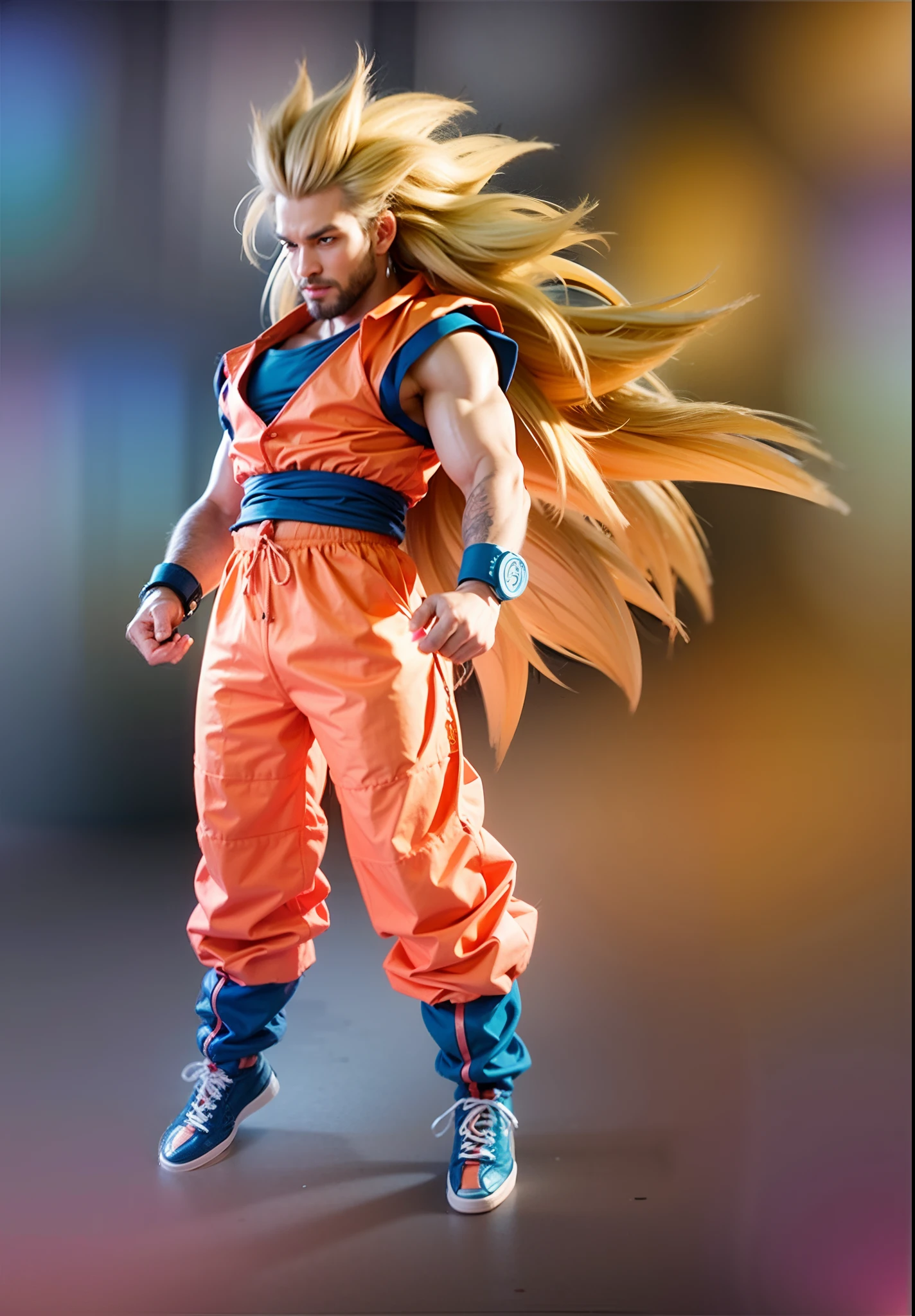 male character, long blond hair, orange top shirt, blue inner shirt with sleeves, blue cloth bracelets, orange pants, blue sneakers with red details and orange cord