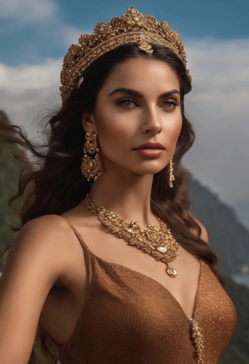 (La mejor calidad, 8k, Pieza maestra :1.2), hiperrealista, city of Rio de Janeiro, Brasil, on a mountain, un detallado A beautiful feminine figure, she walks with her queenly bearing and her penetrating gaze captivates all who look at her. She moves with the fluidity and poise of a goddess, her perfect face reminiscent of great beauty is framed by her wavy black hair accentuating her every movement as she walks down the runway, adorned with elegant jewelry that adds to the presence. ethereal of her. rojo, Cristo Redentor al fondo, A beautiful brown-haired girl in sportswear looking at the scenery, sunny day, verano