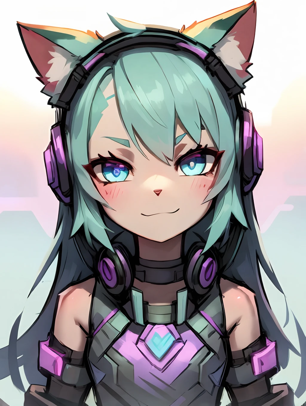 Cyberpunk girl with pink long hair，Q version，（ddlers，Ba adolable， cyberpunked， Cat Ear Headphones、Master masterpieces， hight resolution，8K，detailedbackground，hightquality，（（（独奏））），Brighten the background、brilliance、looking at viewert，Iridescent colors，Light steppe、Cyberpunk costumes、Cute Cyberpunk Girl